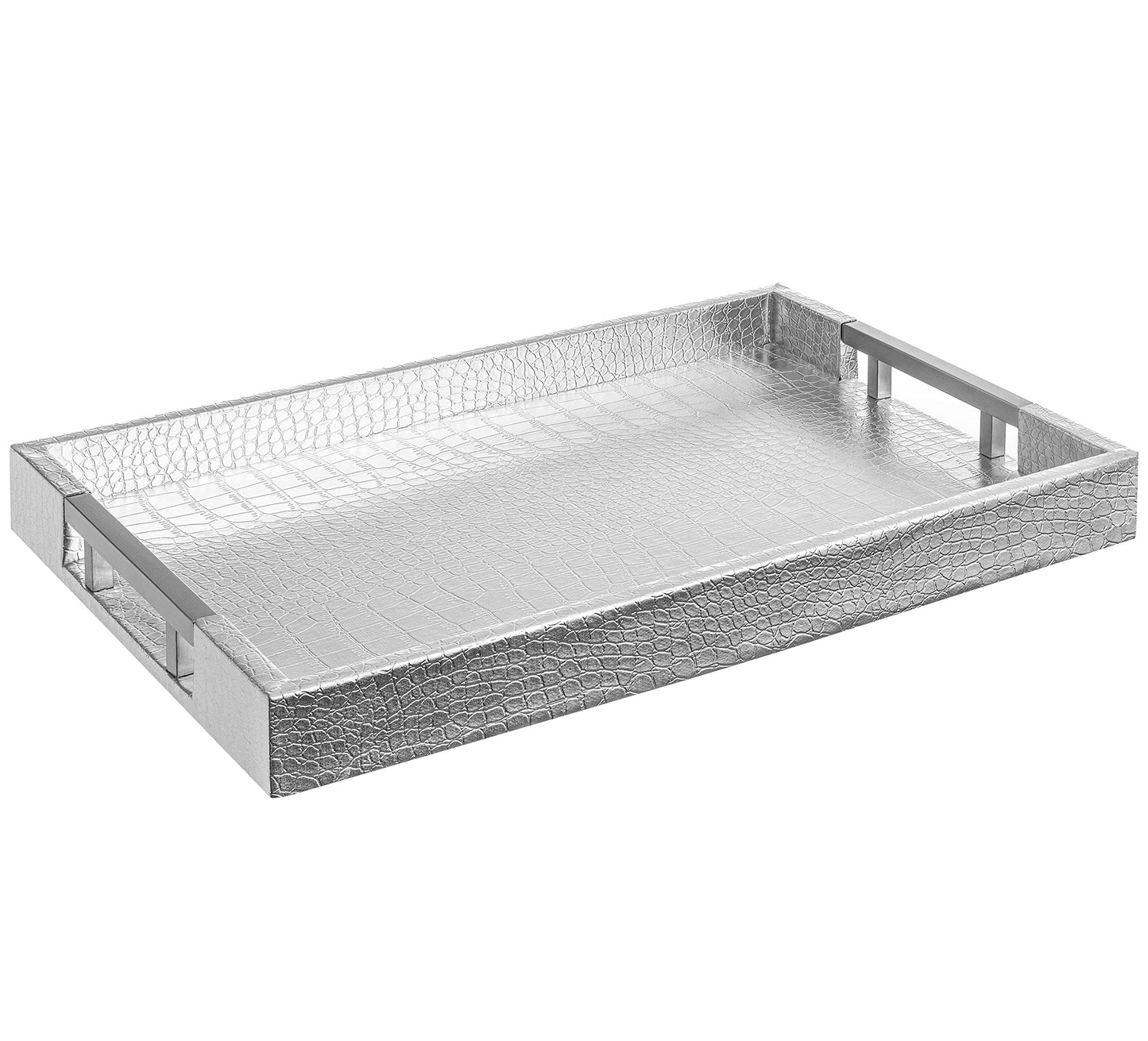 Modern Elegant 18"x12" Rectangle Glossy Silver Crocodile Faux Leather Tray Decorative Ottoman Coffee Table Tray Perfume Dresser Kitchen Serving Tray with Silver Metal Handles by Home Redefined