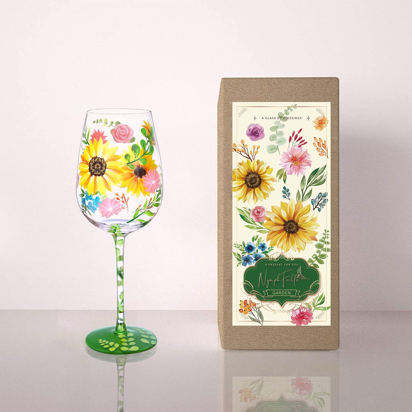 NymphFable Hand-painted Wine Glass Watercolor Flowers Artisan Painted 15oz Personalised Gift for Best Friend