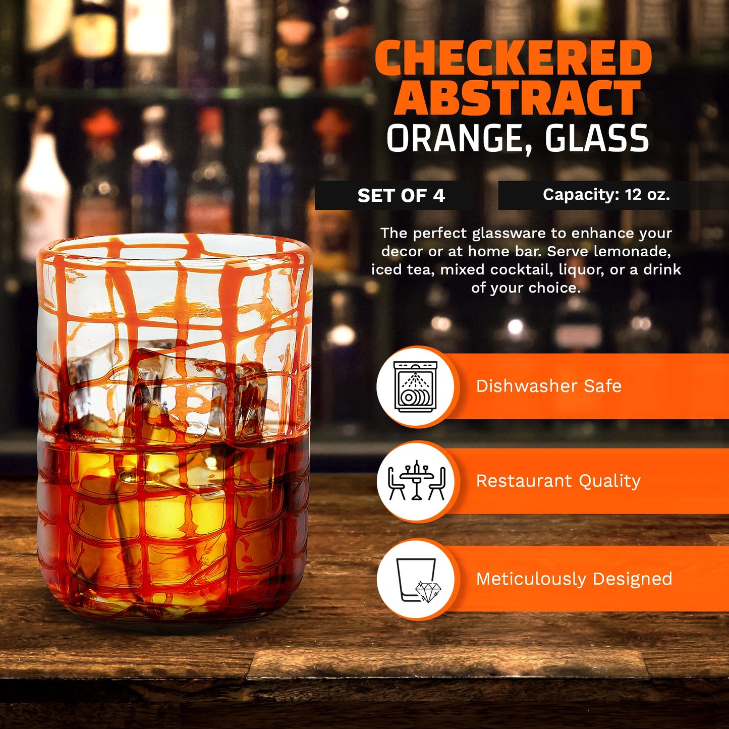 IMPULSE! Checkered Abstract Orange Drinking Glasses Set of 4 - Classic Old Fashioned, Negroni, Scotch, Mixed Cocktails - Versatile for Soft Drinks - Dishwasher Safe - Drinkware Glasses Set