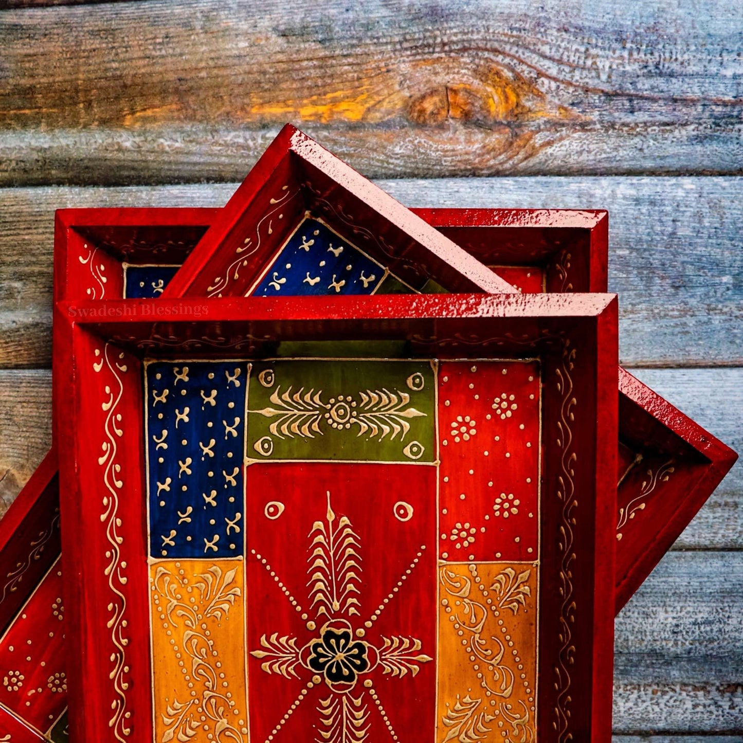 Swadeshi Blessings Handcrafted and Hand-Painted Embossed Wooden Serving Trays Set of 3 - for Kitchen/Table & Home Decor/Dinning/Gifts/Restaurants/Living Room/Coffee Table (AntiqueRed)