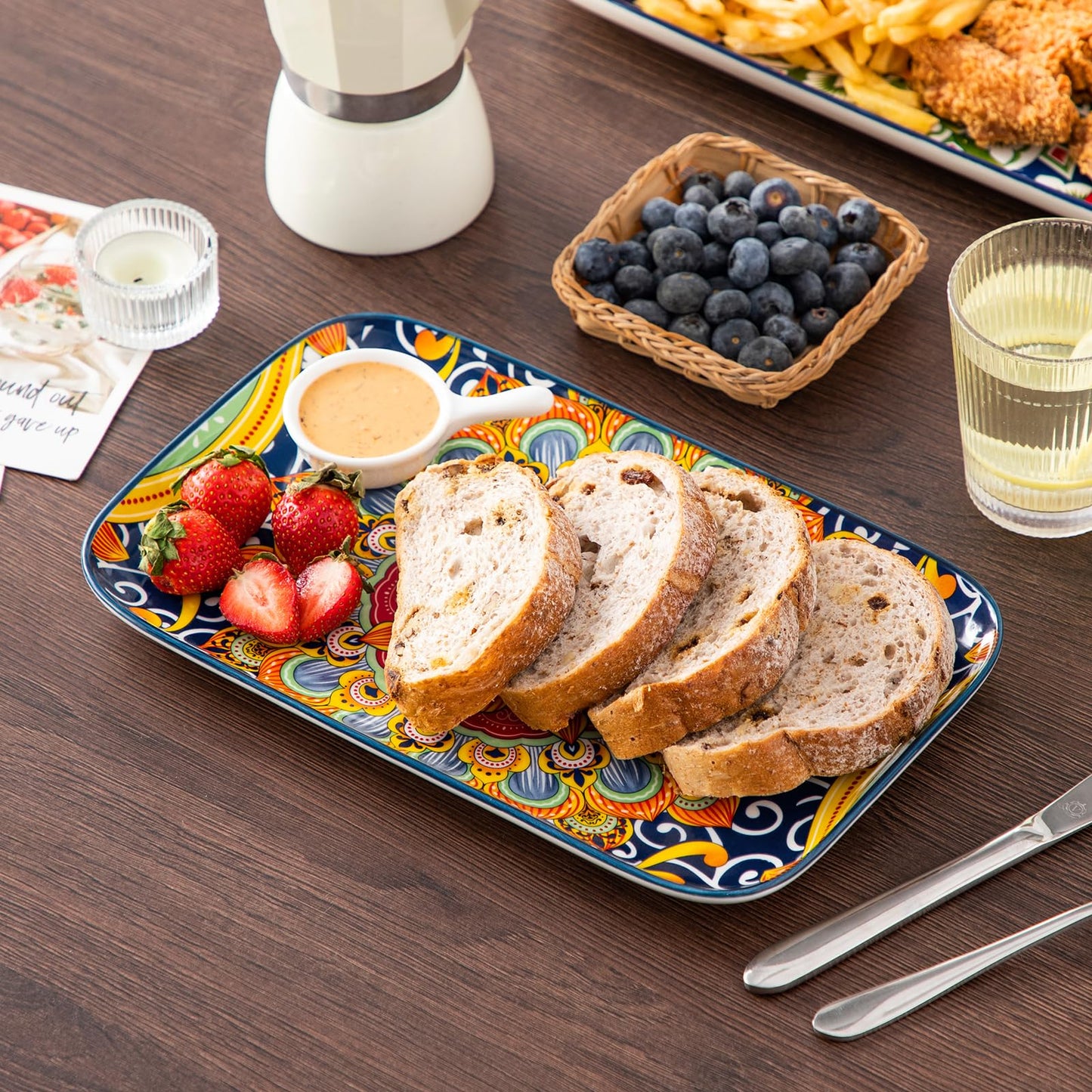 Set of 3 Colorful Bohemian Serving Platters, 16"/14"/12" Inch Rectangular Trays - Serving Platter Extra Large, Bohemian Ceramic Serving Dish for Entertaining Food, Microwave & Dishwasher Safe, Colorful