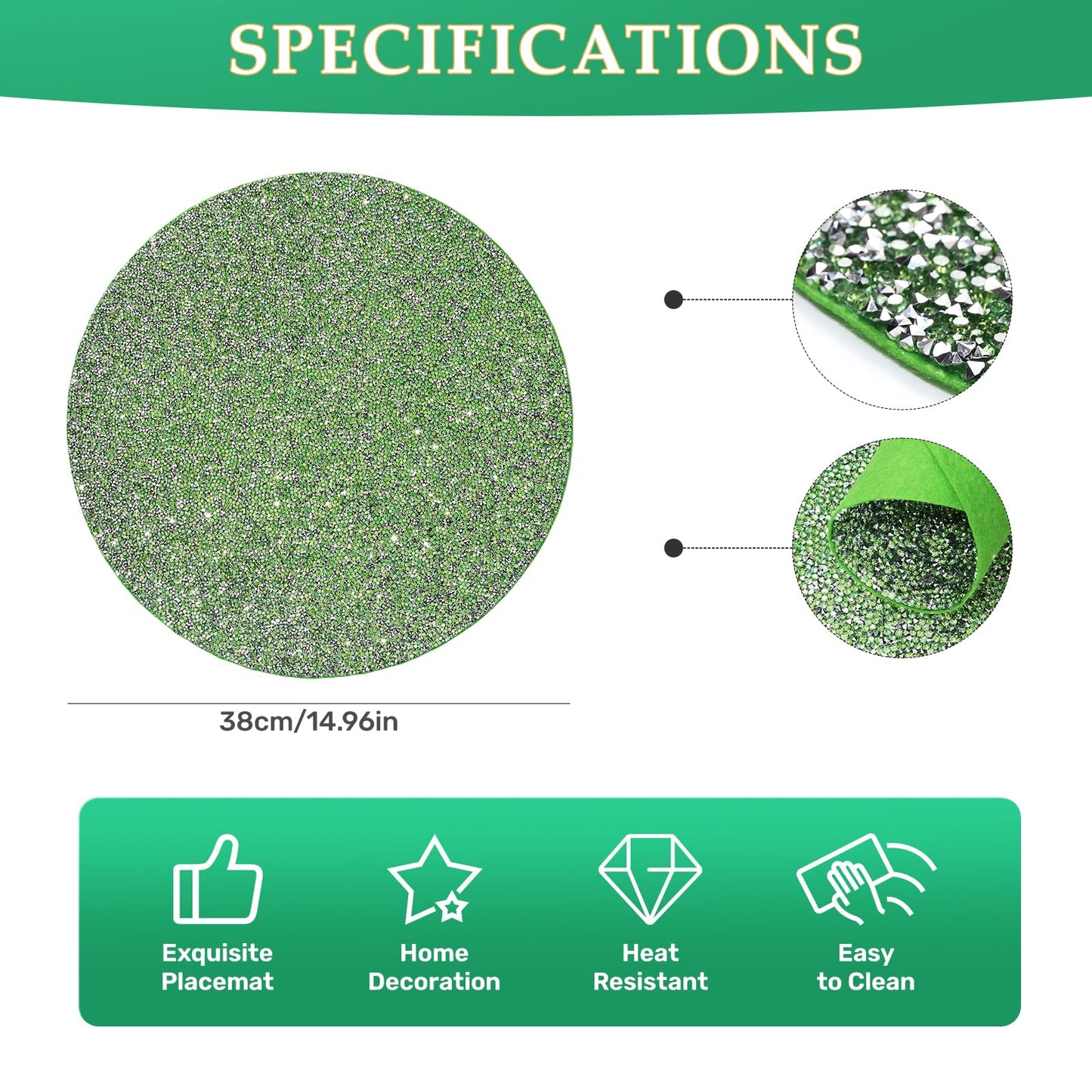 Cumouna Spring Green Placemat Sparkle Crushed Rhinestones Round Elegant Glitter Decoration Table Mat for Spring Centerpiece Kitchen Table Party Tableware Decor 15 Inches (1 pcs)