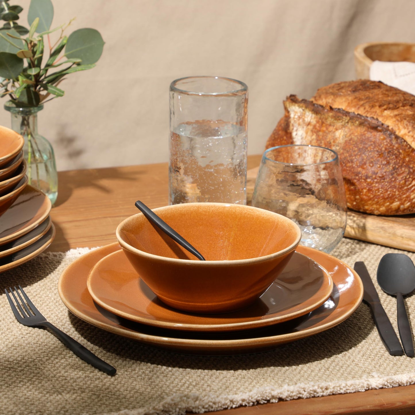Bloomhouse - Oprah's Favorite Things - Montecito Breeze 16 Piece (Service for 4) Double Plates and Bowls Stoneware Reactive Glaze Dinnerware Set - Terracotta Canyon