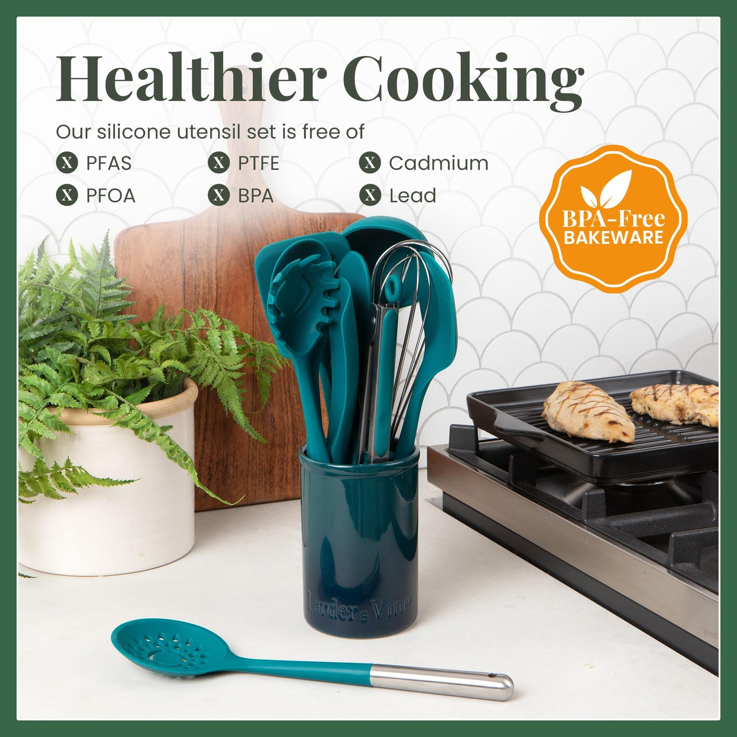 Cabernet 12-Piece Silicone Cooking Utensils Set | Silicone Utensils with Stainless Steel Handle and Ceramic Holder | Kitchen Utensils Set | Dishwasher Safe Set of Kitchen Essentials | Cabernet
