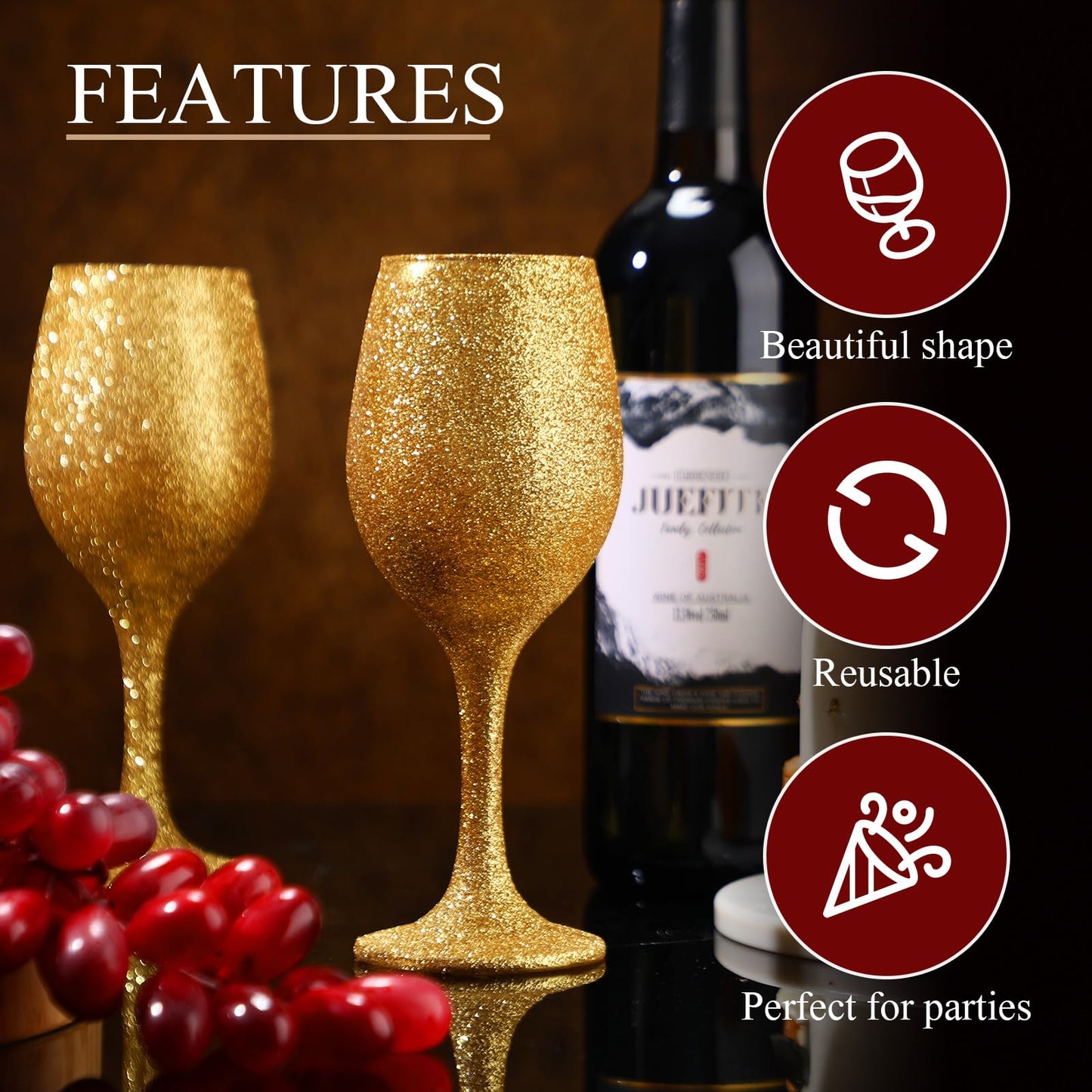 Singhoow Christmas Wine Glasses Set of 12, Glitter Long Stem Wine Glasses 13.5 oz Glitter Glass Wine Cups for Wedding, Anniversary and Home(Gold)