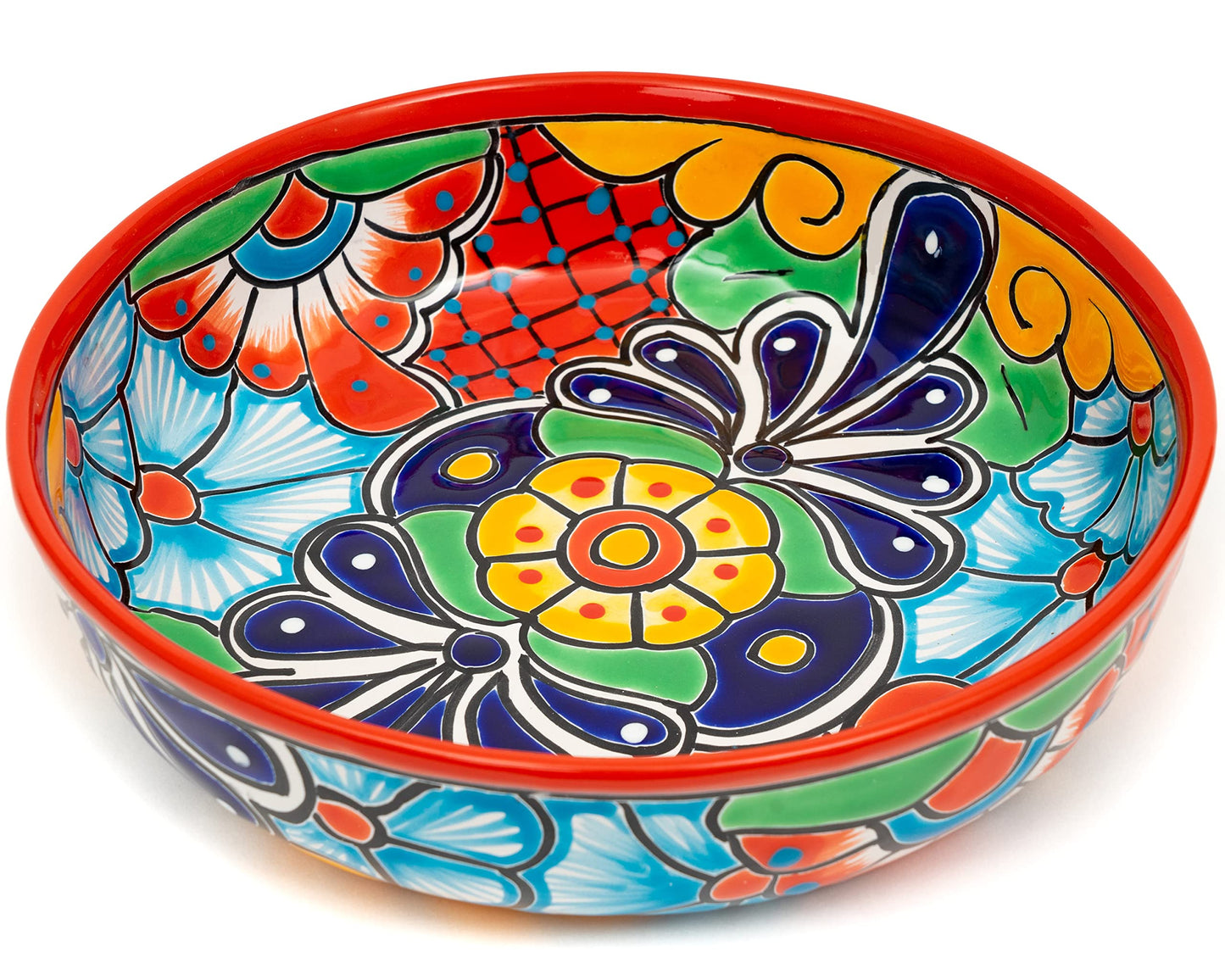 Enchanted Talavera Ceramic Hand-Painted Large Serving Bowl Pasta Bowl Fruit Bowl Salad Bowl Party Platter Holiday Bakeware Dish (Red)