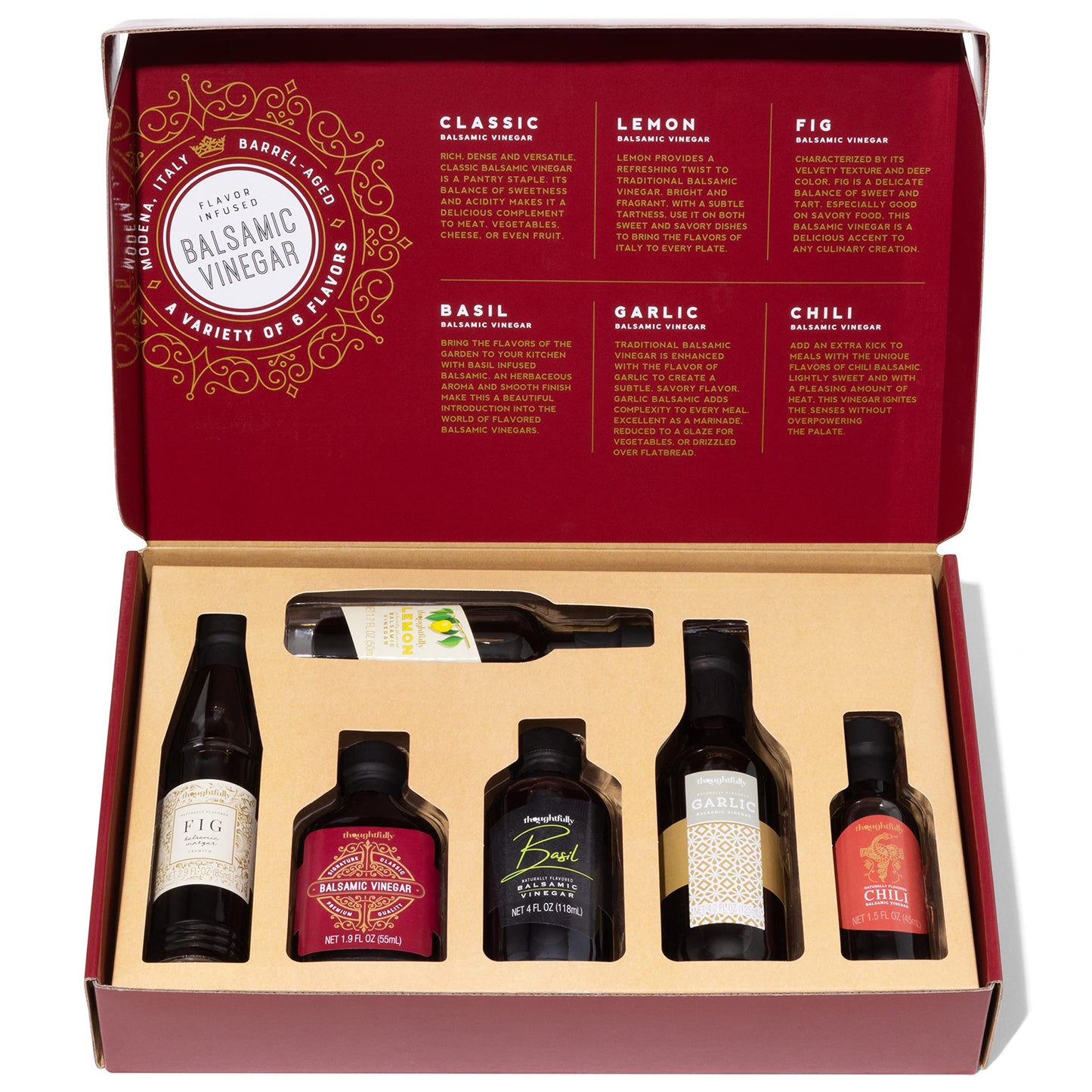 Thoughtfully Gourmet, Balsamic Vinegar Gift Set, Flavors Include Fig, Chili, Garlic and More, IGP Certified, Crafted in Modena, Italy, Halal Certified, Pack of 6