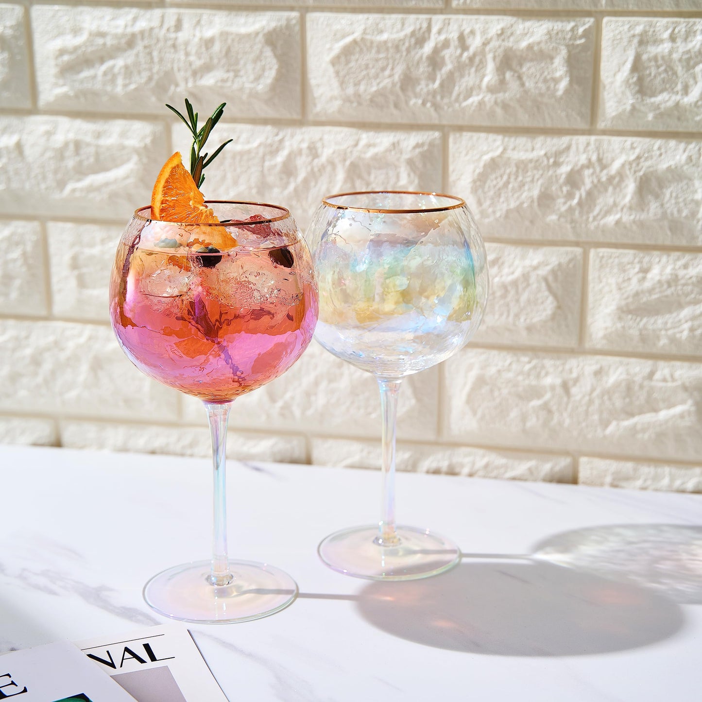 Iridescent Lustered Hammered Wine Glasses - Set of 2 - Gold Rim 20oz Colorful Balloon Stemmed Glassware - Festive Anniversaries, Birthday Gift, Cocktail Party Radiance - Unique Wine Barware
