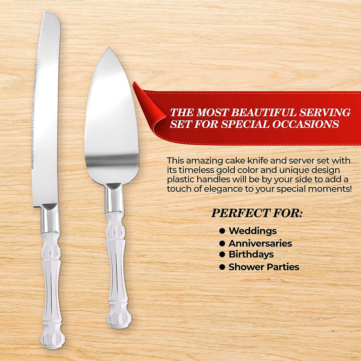 Homi Styles White Elegant Cake Knife and Server Set, Cake Cutter and Pie Spatula, Cake Server and Knife Set of 2 with Thick Blades, Rustic Wedding Cake Cutting Set, Birthdays, Anniversaries, Parties