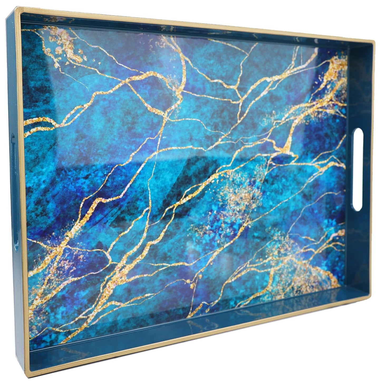 Vibrant Blue and Gold Marble Decorative Plastic Serving Trays with Handles for Living Room, Coffee Table, Ottoman, Bathroom, Kitchen, Large 15.7”*11.8”*1.6"