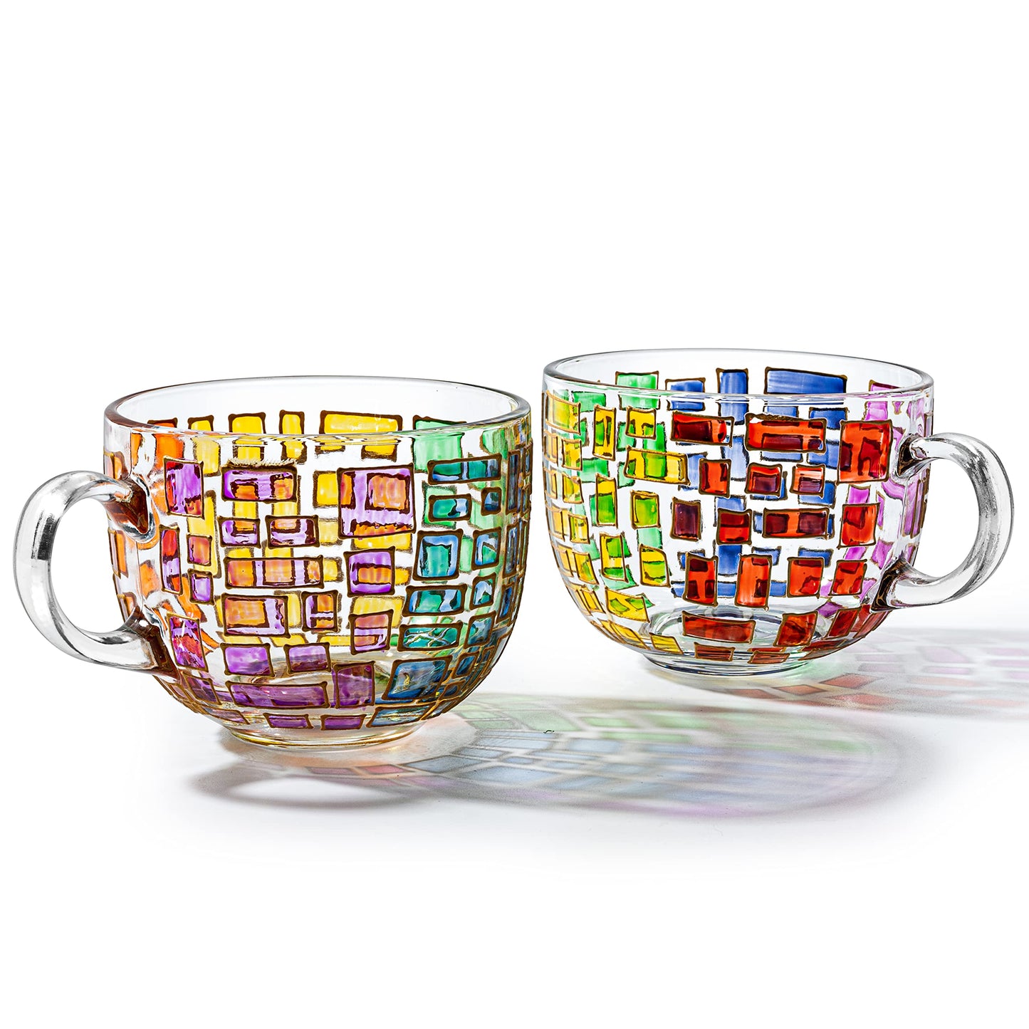The Wine Savant Renaissance Stained Glass Windows Mugs, Artisanal Hand Painted Set of 2 - Gift Idea for Her, Him, Birthday, Mom, Housewarming - Art Deco Coffee and Tea Set 3.5" H X 4" W (Mugs)