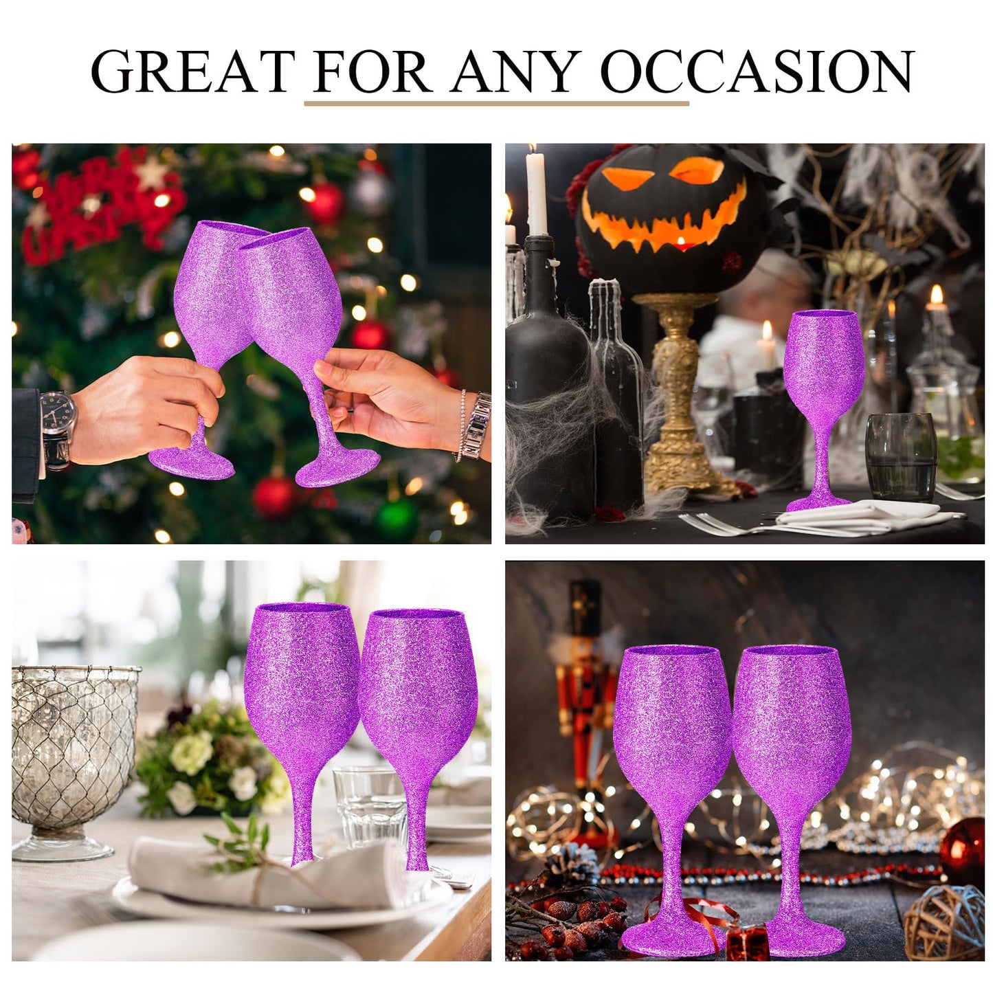 Singhoow Christmas Wine Glasses Set of 12, Glitter Long Stem Wine Glasses 13.5 oz Glitter Glass Wine Cups for Wedding, Anniversary and Home(Fuchsia)