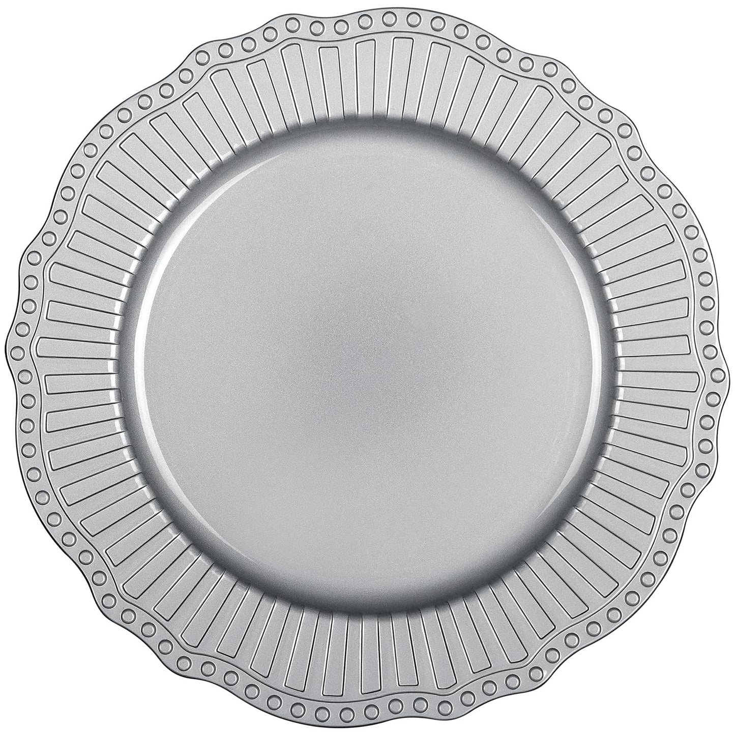 TABLETROVES Silver Charger Plates Set - 13” Vintage Plastic Dinnerware Set - Reusable Elegant Serving Plates for Parties, Weddings and Events (6 Set)