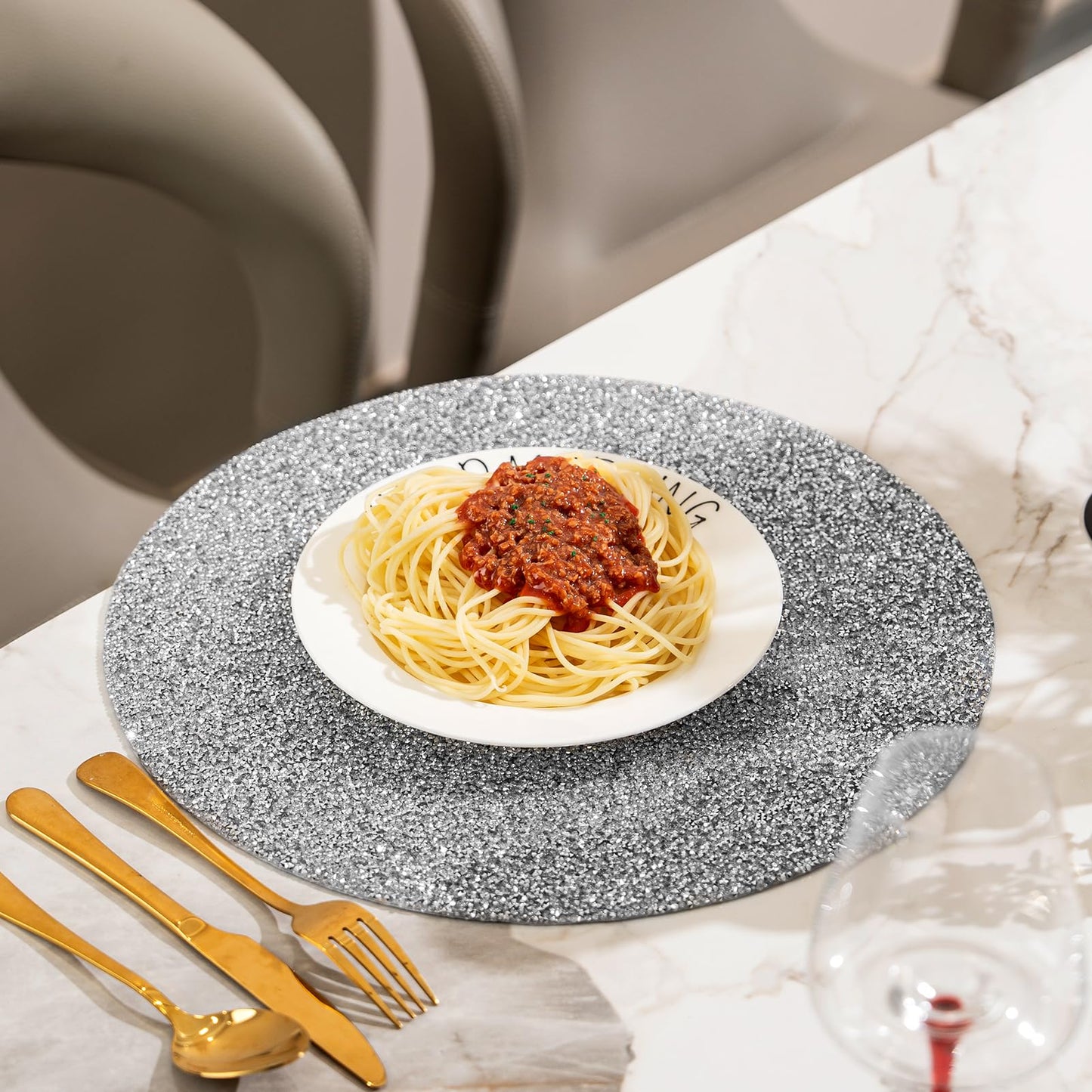 Cumouna Silver Placemat Sparkle Crushed Rhinestones Round Washable Elegant Glitter Table Mat for Fall Halloween Wedding Christams Kitchen Home Decor Housewarming Gifts (15 Inch)