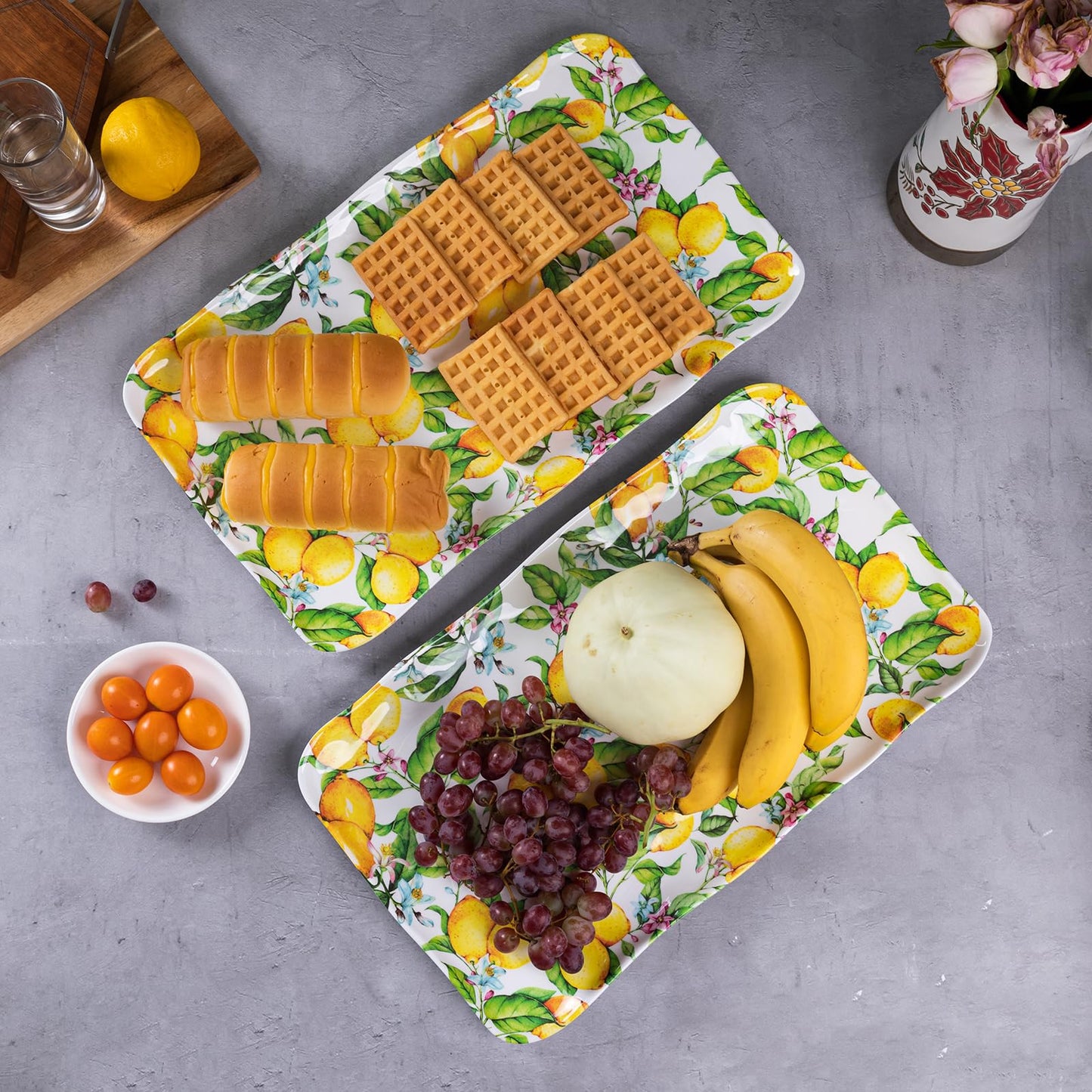 Lemon Print Large, Rectangular Melamine Tray/Platters, Set of 2, 17.5" x 10", 2-Piece Melamine Platters Serving Set, Dishwasher Safe