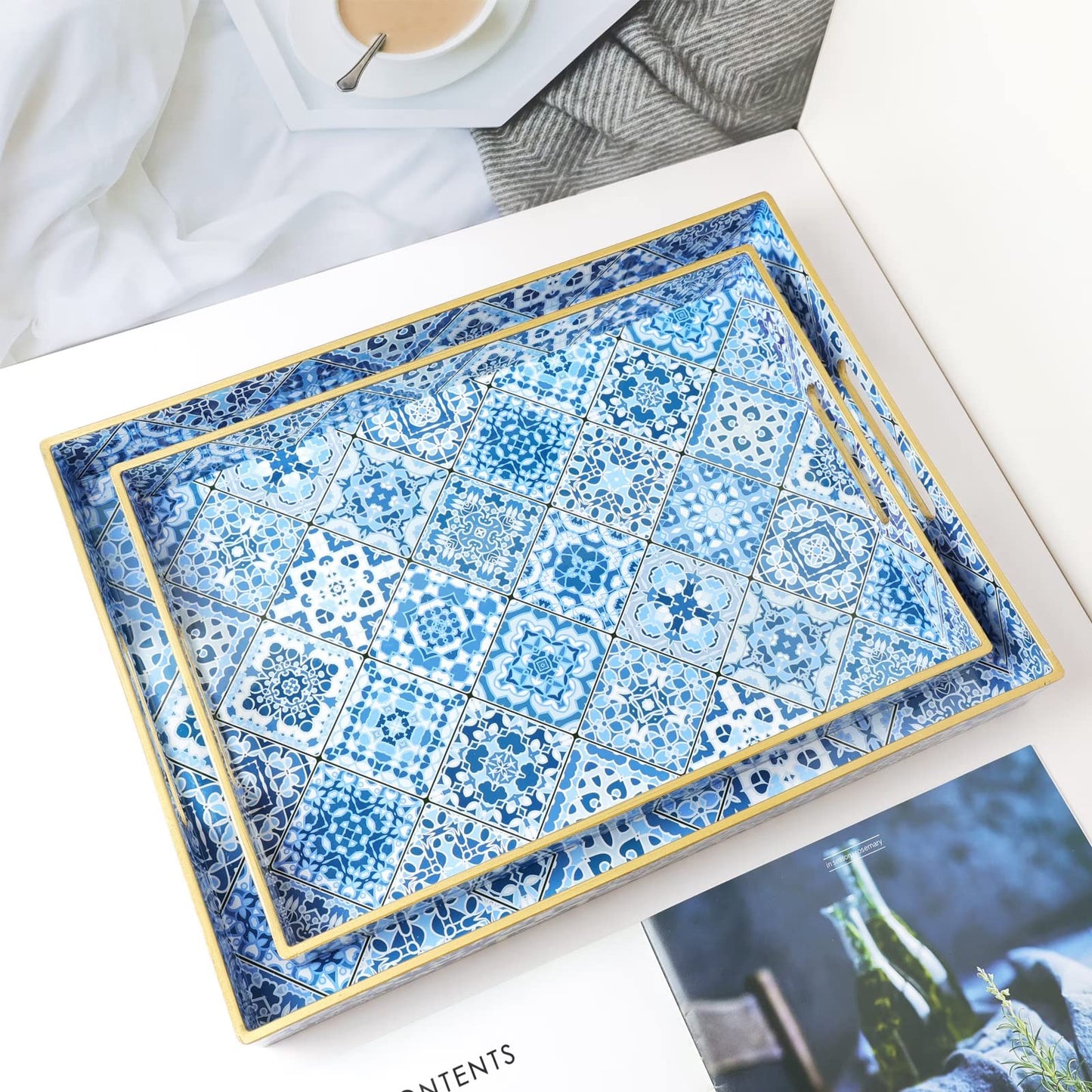 Spsyrine 2-Pack Decorative Plastic Serving Trays with Handles for Living Room, Coffee Table, Ottoman, Bathroom, Kitchen, Large 15.7”*11.8”*1.6", Small 13.7"*9.8", Boho Blue