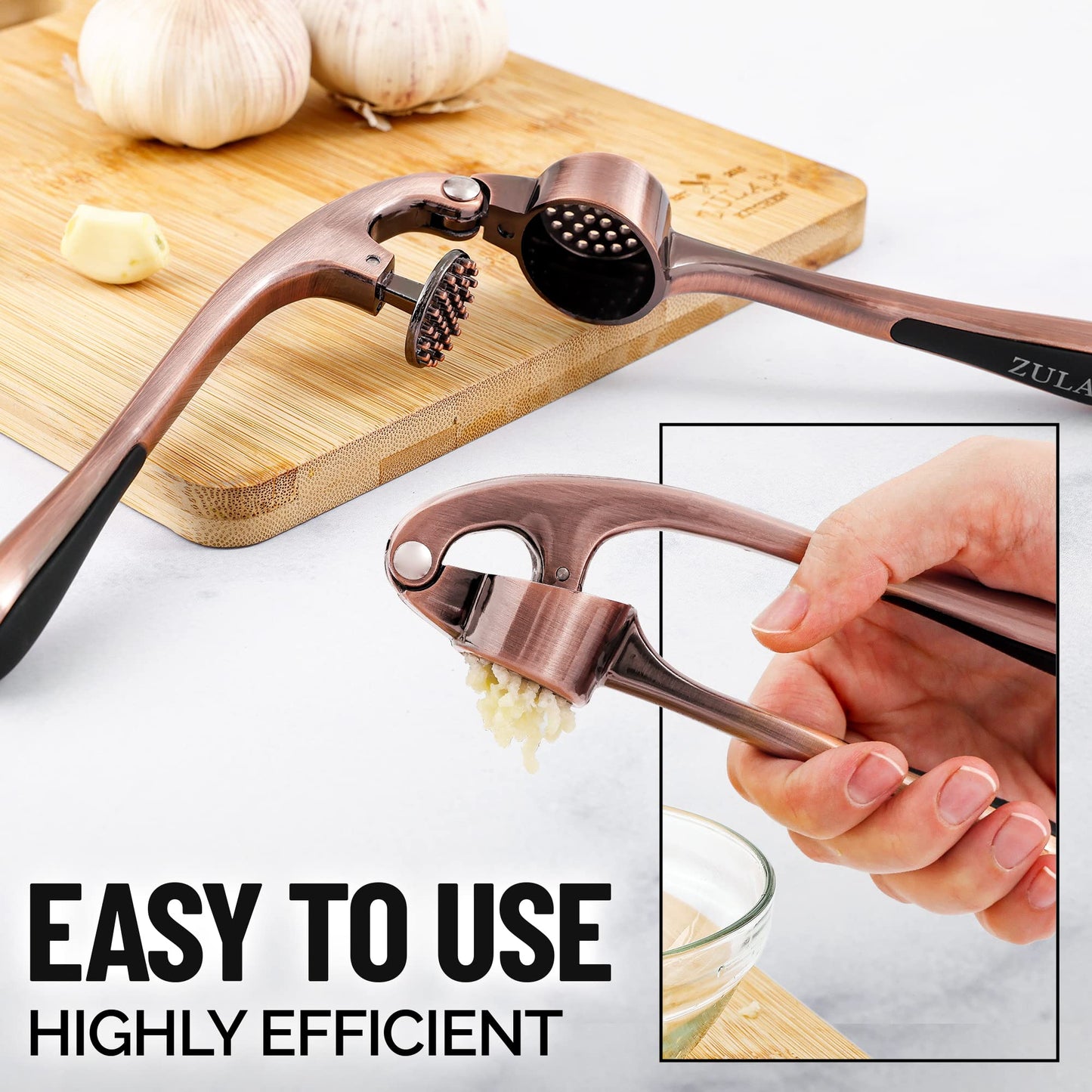 Zulay Kitchen Premium Garlic Press Set - Rust Proof and Dishwasher Safe Professional Garlic Mincer Tool - Easy-Squeeze, Easy-Clean with Soft, Ergonomic Handle - Silicone Garlic Peeler and Brush (Copper)