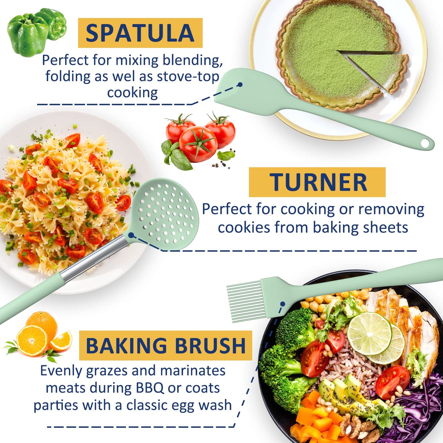 Green 24-Piece Silicone Cooking Utensil Set, Fungun Non-stick Kitchen Utensil 24 Pcs Cooking Utensils Set, Heat Resistant Cookware, Silicone Kitchen Tools Gift with Stainless Steel Handle (Green-24pcs)