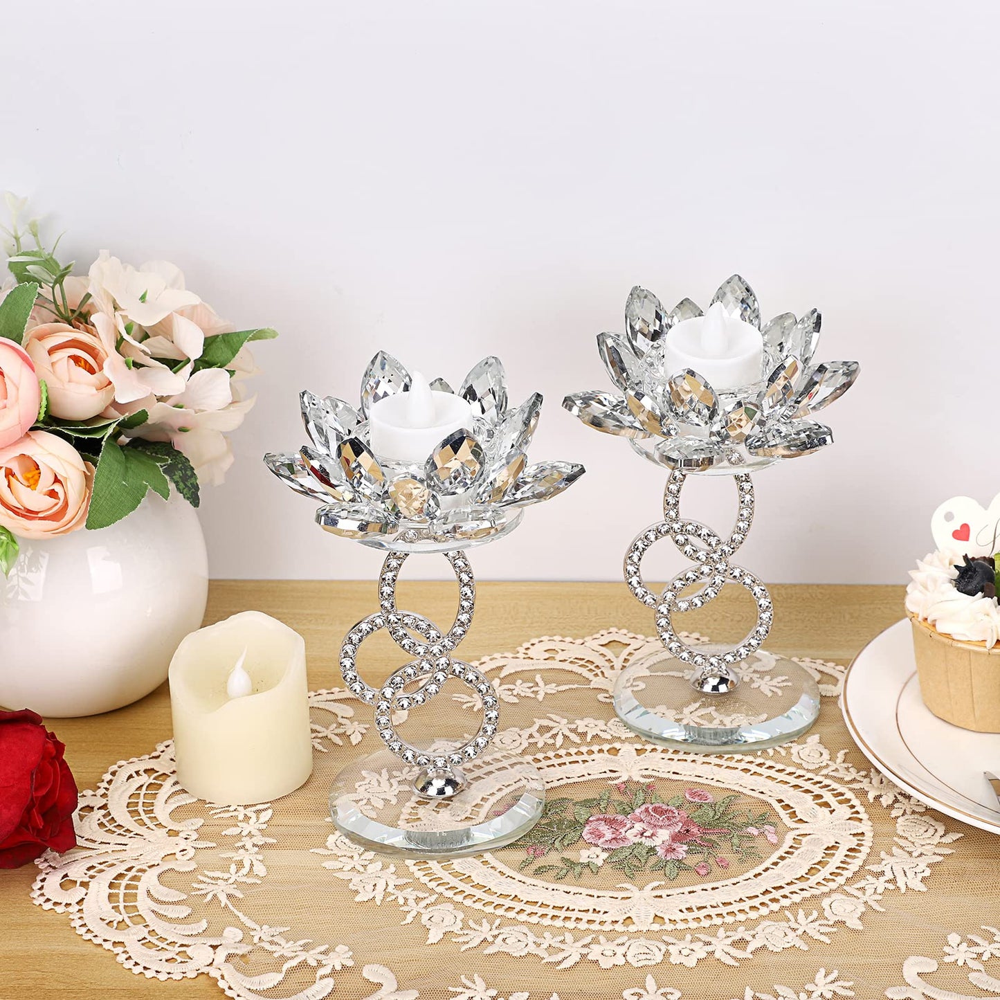 Set of 2 Crystal Lotus Flower Candlestick Holders