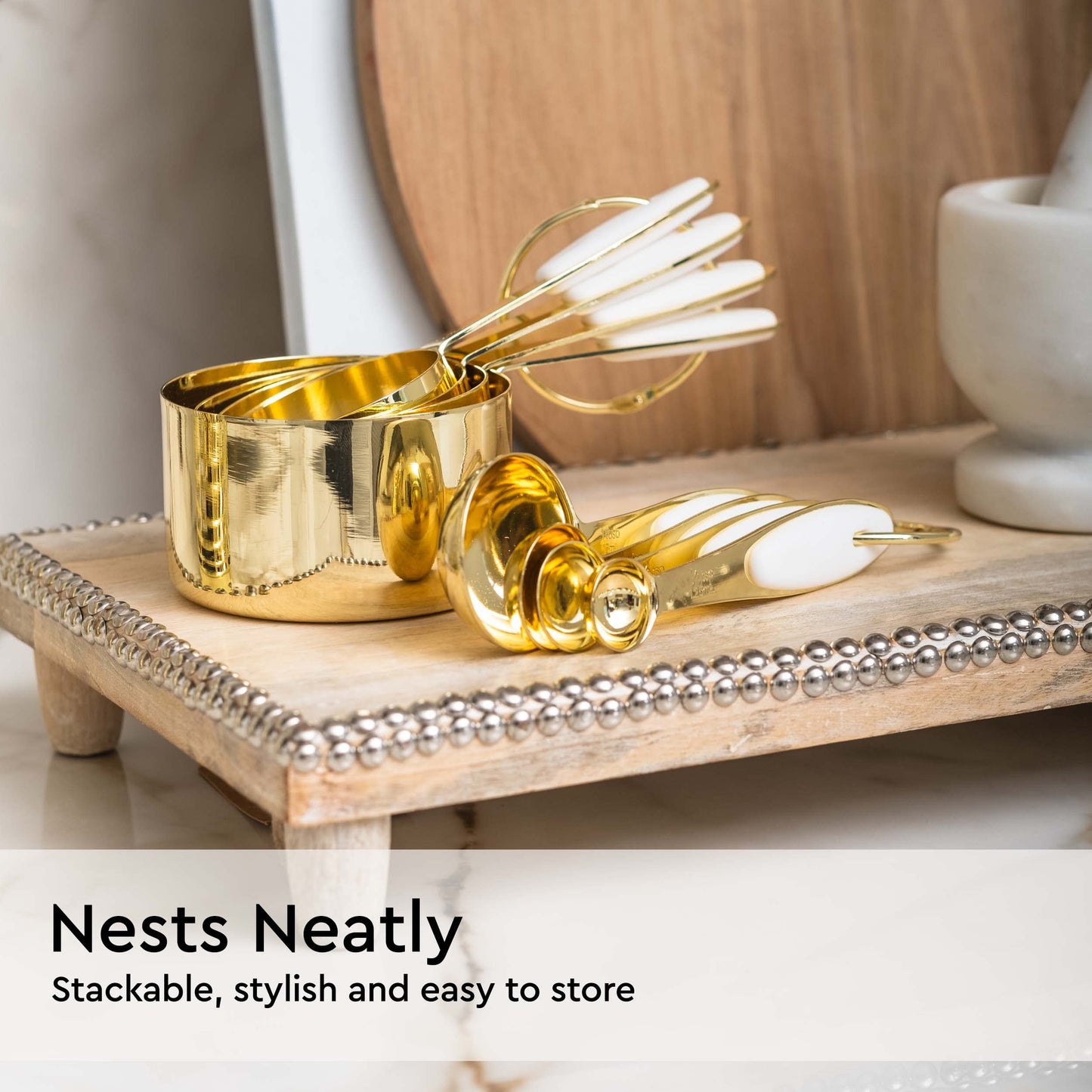White and Gold Measuring Cups and Spoons Set - 8-Piece Stackable Stainless Steel Measuring Set - Stylish White and Gold Kitchen Accessories for Precise Baking and Cooking, Ideal Gift for Bakers and Home Chefs