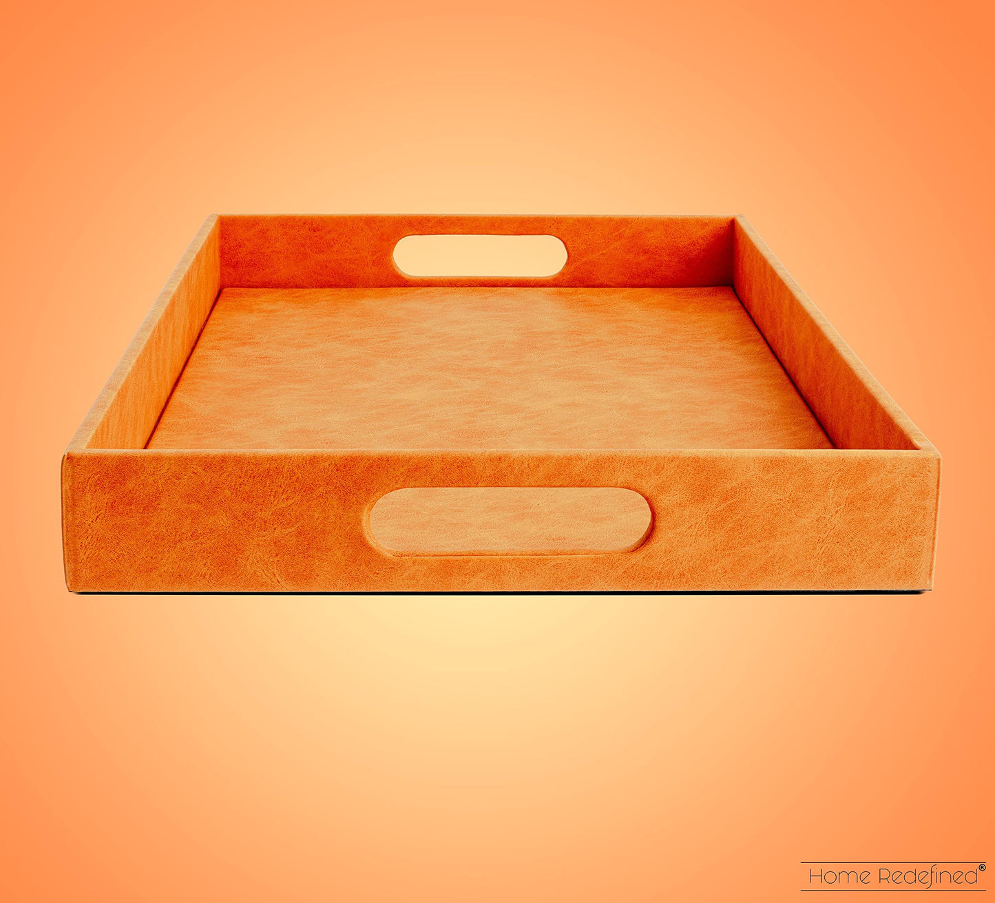 Home Redefined Beautiful Modern Elegant 18"x12" Rectangle Orange Faux Leather Decorative Tray Ottoman Coffee Table Perfume Living Room Kitchen Serving Tray with Handles for All Occasion's