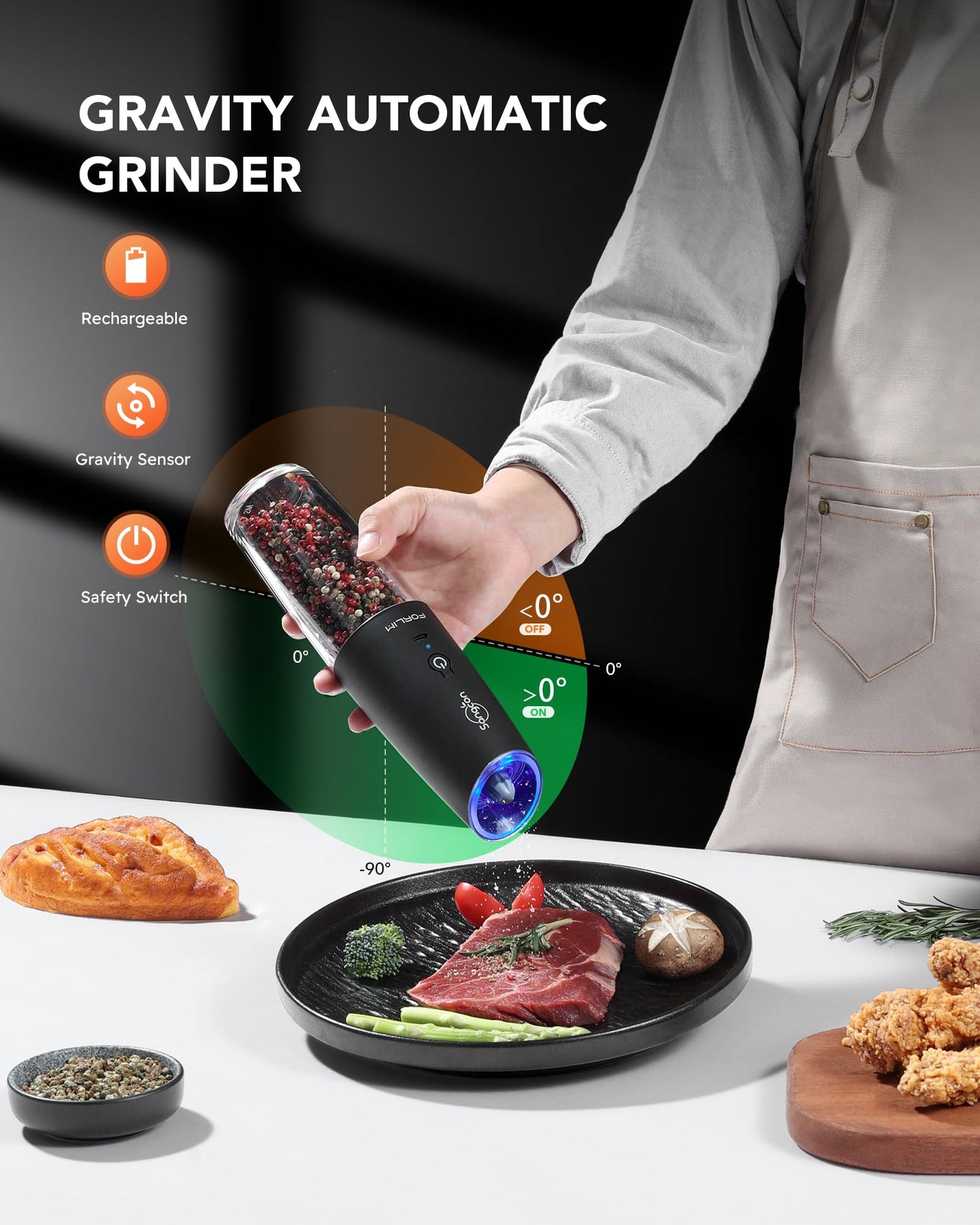 Gravity Electric Salt and Pepper Grinder Set, USB Rechargeable 9 Oz. Large Capacity, Automatic Salt Mill Set, One-Click Grinding One-Hand Operated Adjustable Coarseness Pepper Mill (Black)