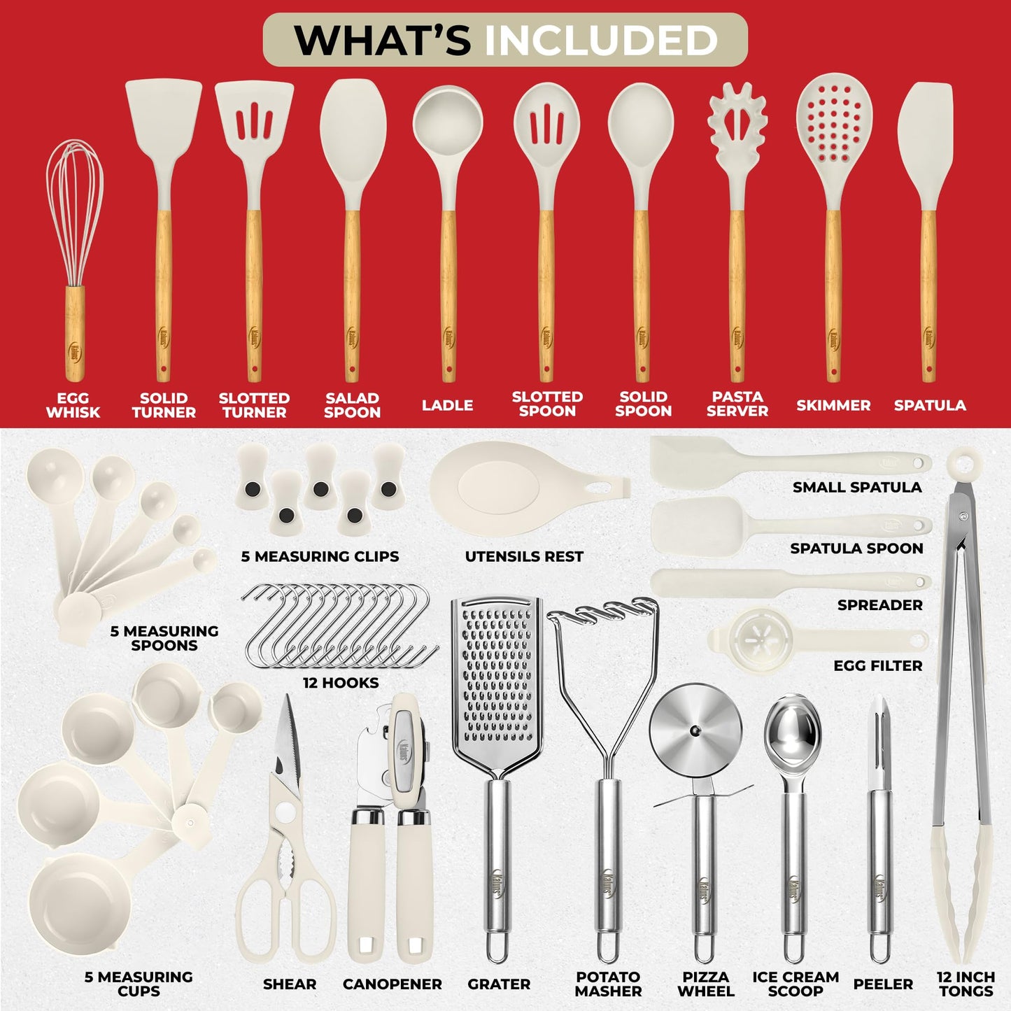 White 50-Piece Silicone Kitchen Utensils Set - Mothers's Day Gifts for Moms, Wives, Dads and Husbands - Complete Kitchen Set 800°F Heat-Resistant Non-Stick Premium Silicone Cooking Utensils with Wooden Handles