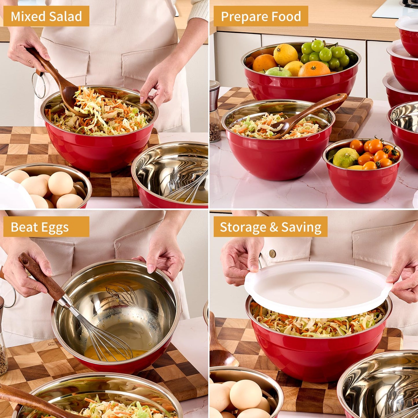 Moxinox Red Mixing Bowls with Airtight Lids, Stainless Steel Nesting Mixing Bowls Set of 7, Ideal for Baking, Prepping and Serving Food, Size 7, 3.6, 2.7, 2.1, 1.5, 1.1,0.8 QT, Stackable Design