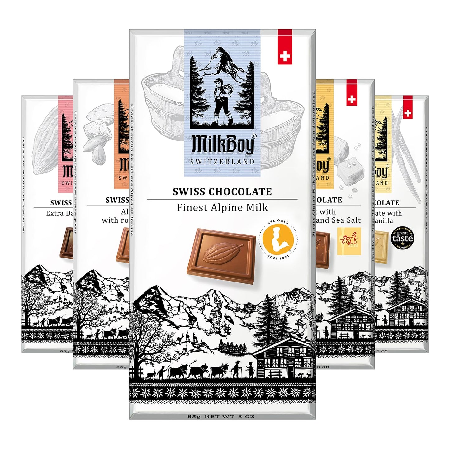 Milkboy Swiss Gourmet Milk Chocolate Bars - Dark Chocolates - White Chocolate Bar - Premium Handmade Chocolate Variety - Kosher - GMO Free - Chocolates Candy - (Pack of 5)