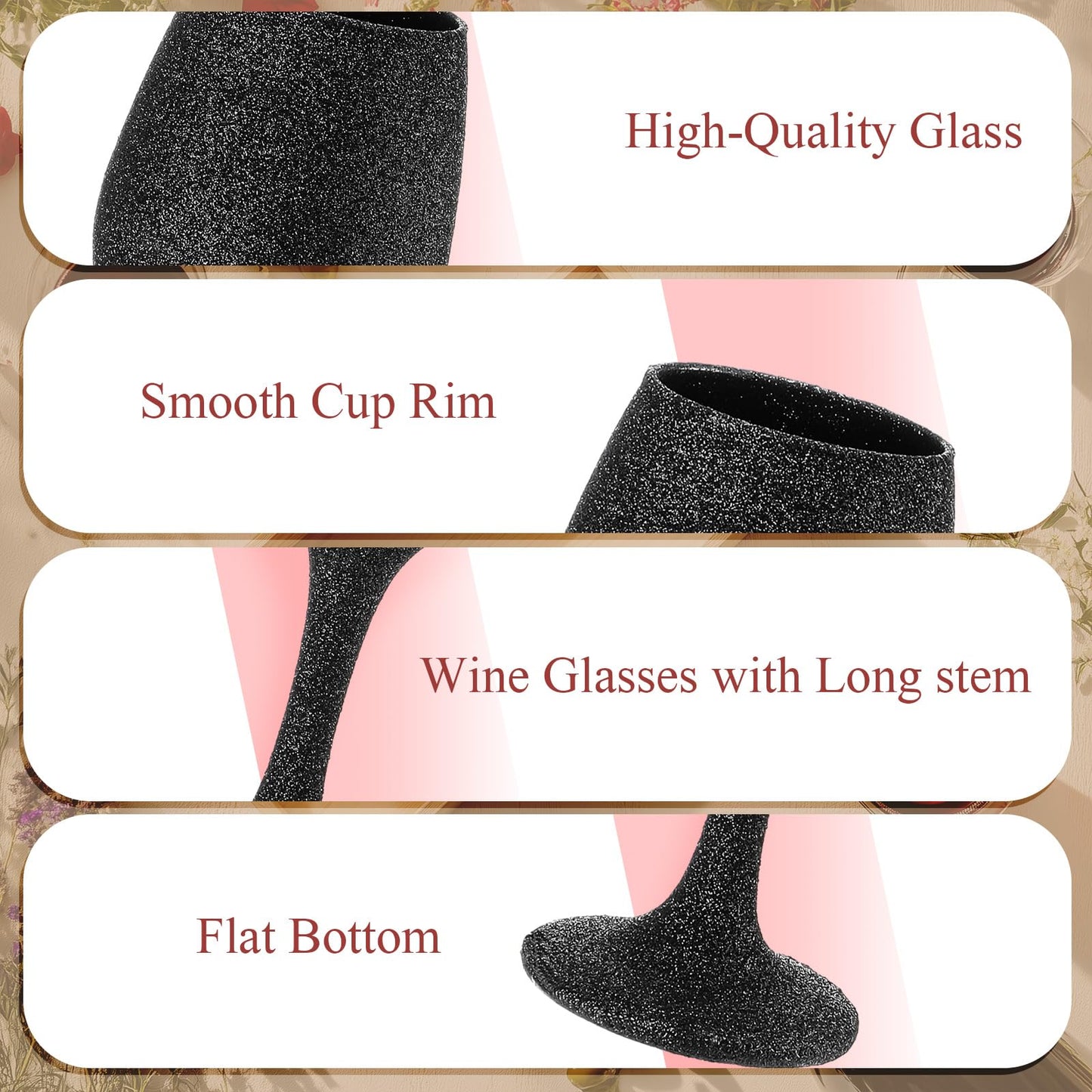Singhoow Christmas Wine Glasses Set of 12, Glitter Long Stem Wine Glasses 13.5 oz Glitter Glass Wine Cups for Wedding, Anniversary and Home(Black)
