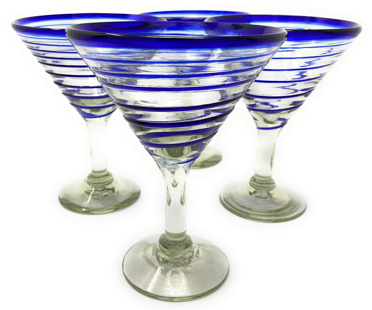 Mexican Hand Blown Glass – Set of 4 Hand Blown Modern Margarita Glasses - Blue Spiral (12 oz)