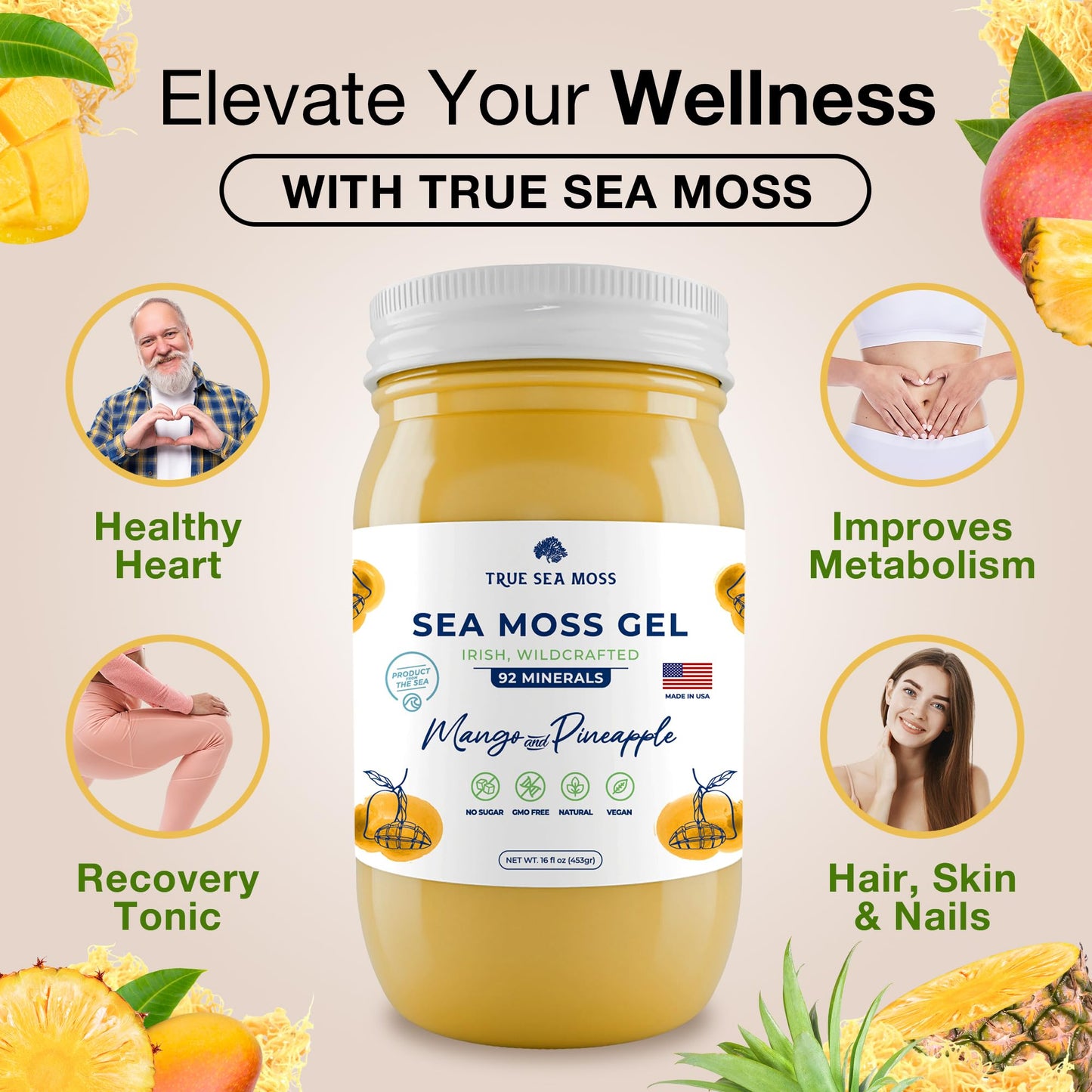 TrueSeaMoss Wildcrafted Irish Sea Moss Gel - Made with Dried Seaweed & Fresh Sea Vegetables, Seamoss - Made in USA (Mango/Pineapple, Pack of 5)