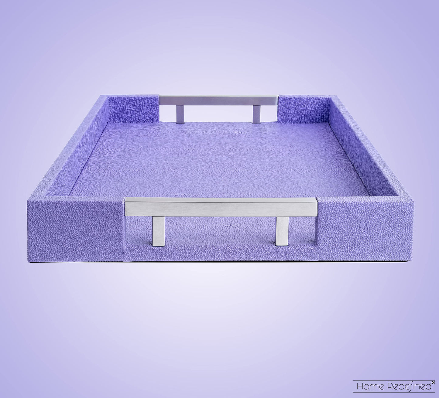 Modern Elegant 18"x12" Rectangle Purple Lavender Shagreen Faux Leather Decorative Tray Ottoman Coffee Table Perfume Living Room Kitchen Serving Tray with Silver Metal Handles by Home Redefined