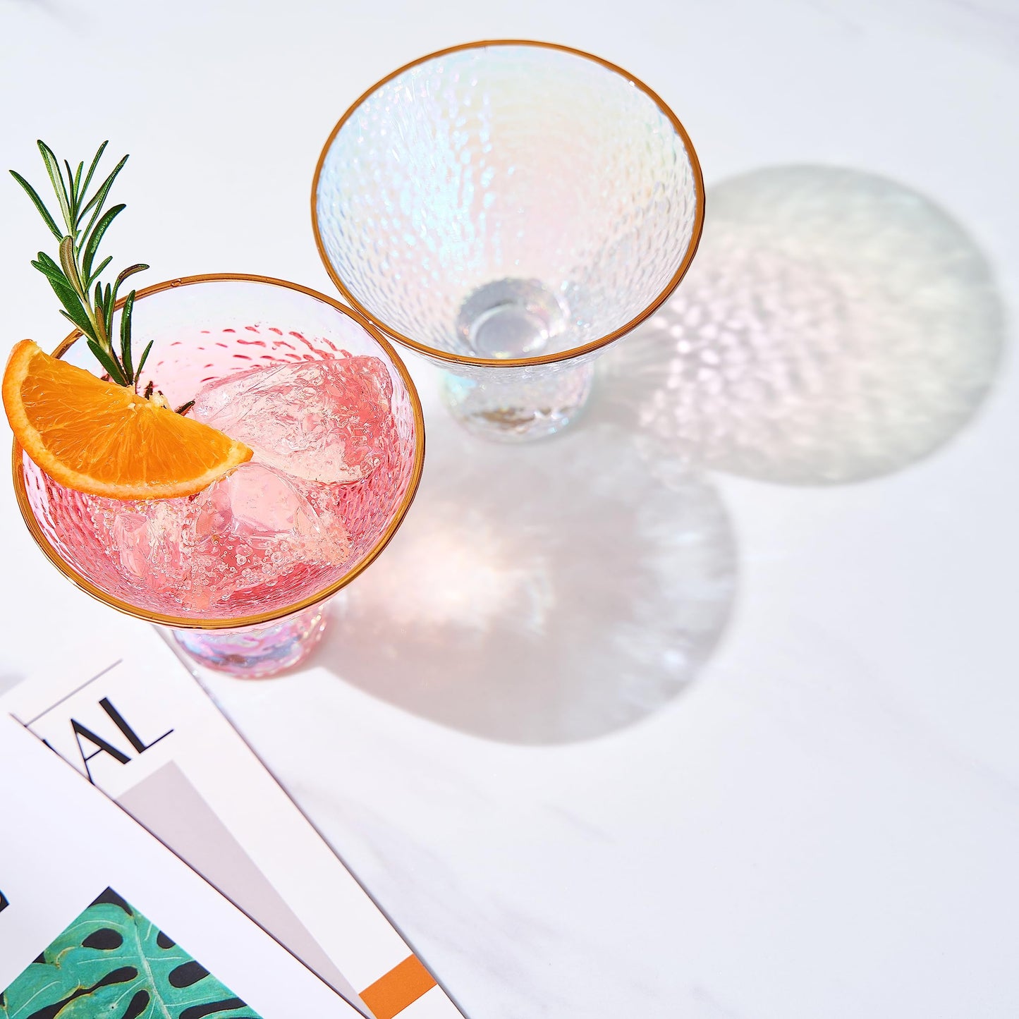 Iridescent Lustered Stemless Martini Glasses Set of 2 - Hammered Cocktail & Martini Glasses - Luxury Gift Box - Gold Rim 8oz Colorful Stemless Glassware - Weddings , Anniversary , Christmas , Barware