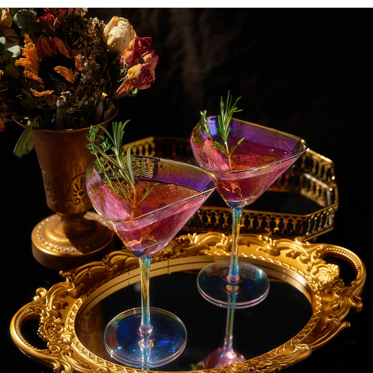 Iridescent Lustered Hammered Martini Glasses - Set of 2 - Gold Rim 8 oz Colorful Balloon Stemmed Glassware - Festive Anniversaries, Birthday Gift, Cocktail Party Radiance - Unique Wine Barware