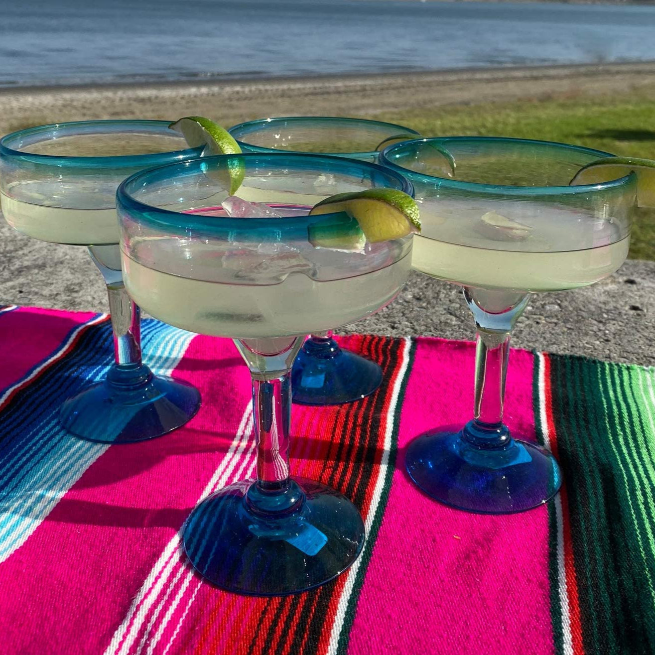 Mexican Hand-Blown Glass – Set of 4 Hand Blown Margarita Glasses (16 oz.) with Aqua Blue Rims
