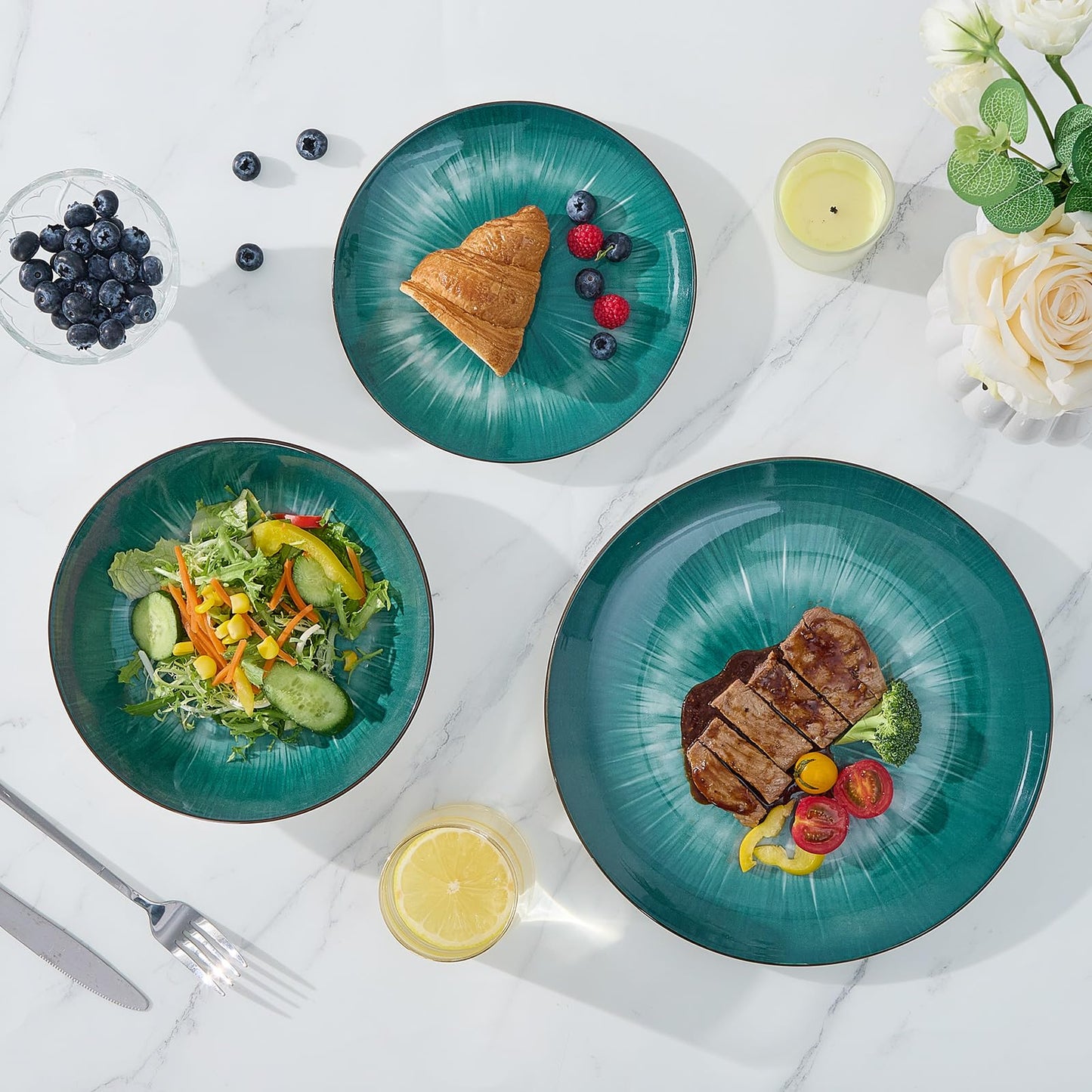Bestone 12 Piece Round Kitchen Dinnerware Set,Plates and Bowls sets,Dishes, Plates, Bowls, Dish Set,Plates and Bowls,Service for 4, Chip Resistant Porcelain,Starburst Green