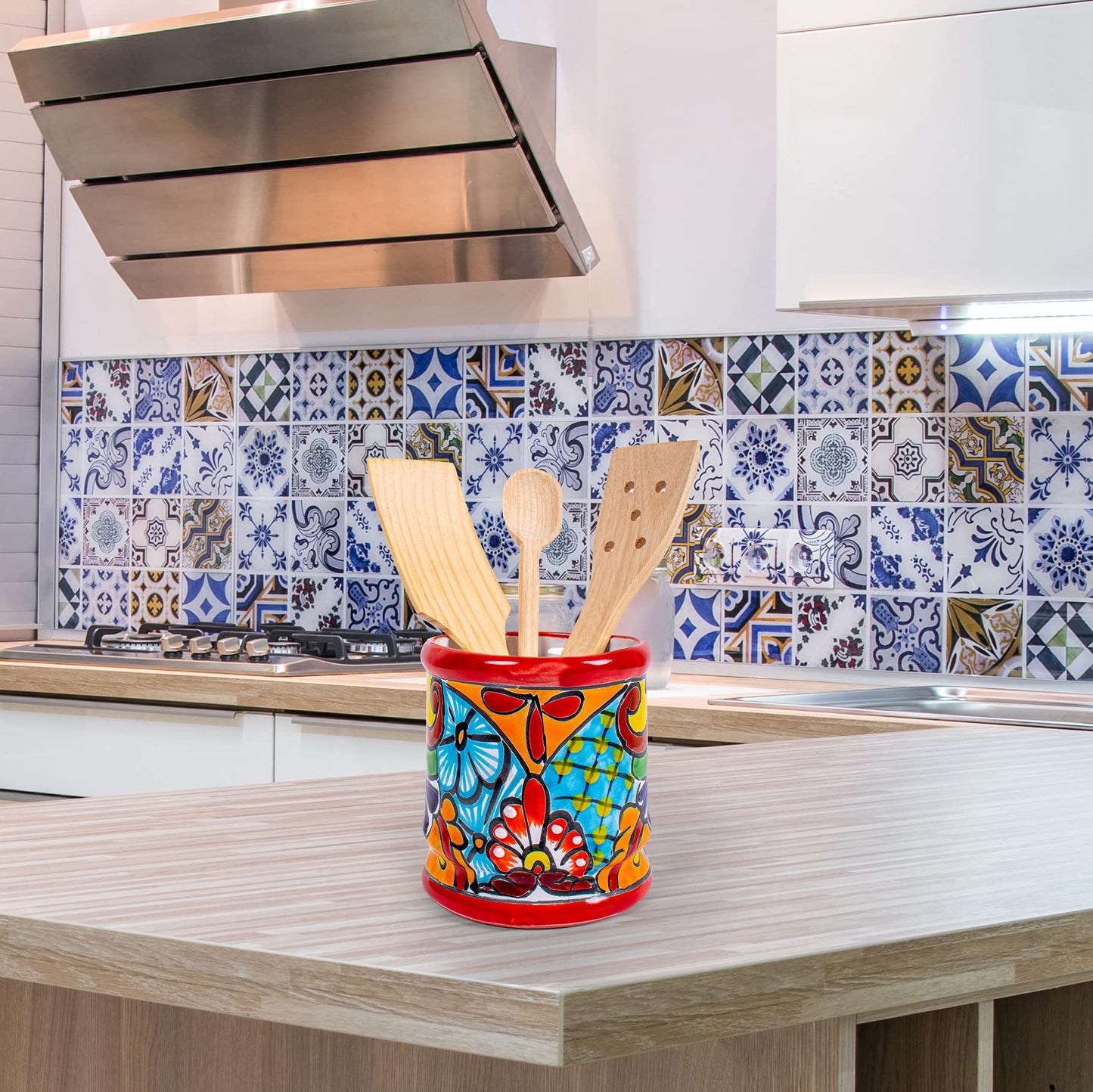 Handmade Mexican Talavera Ceramic Utensil Holder (Red)
