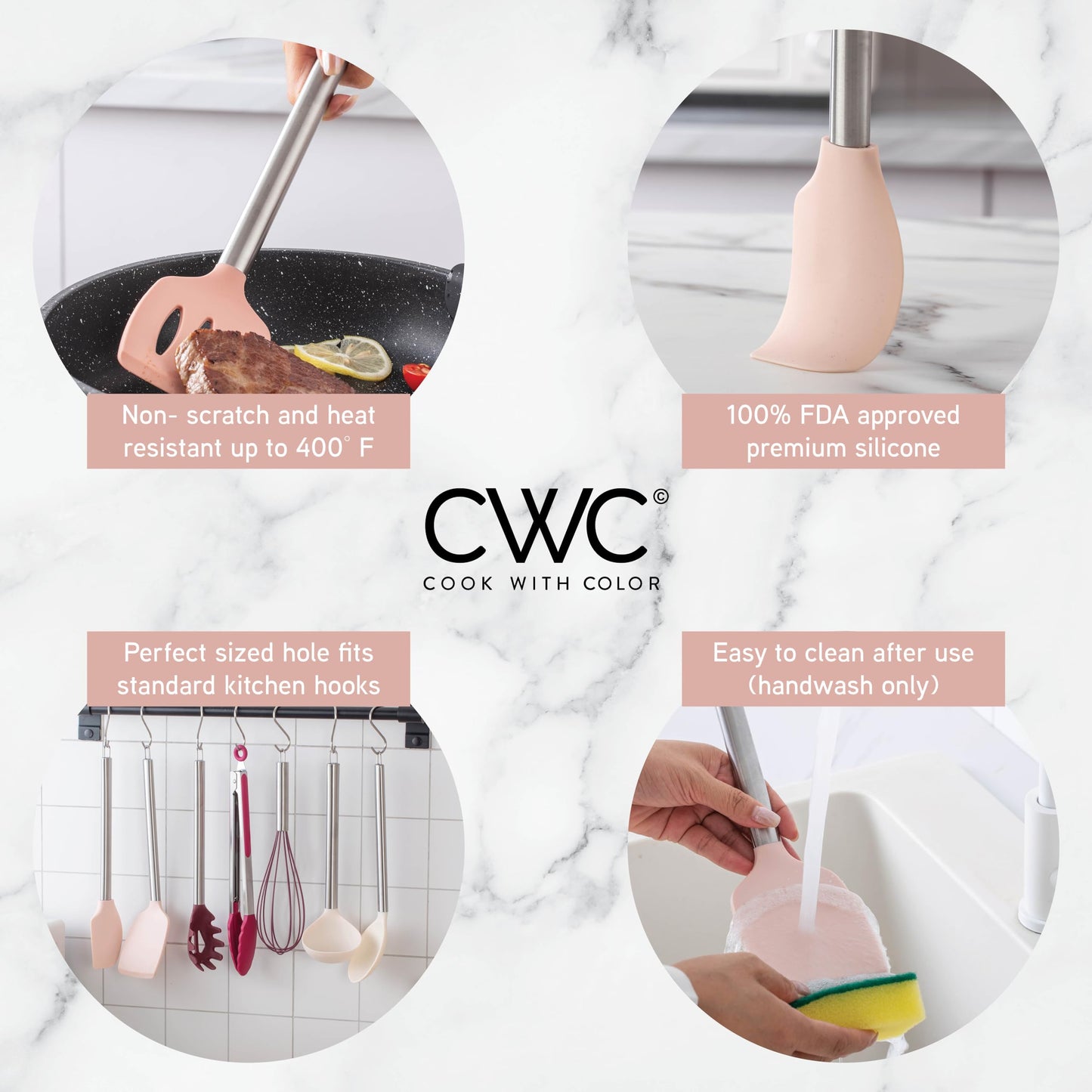 Rose COOK WITH COLOR Silicone Cooking Utensils, Kitchen Utensil Set, Easy to Clean Silicone Kitchen Utensils, Cooking Utensils for Nonstick Cookware, Kitchen Gadgets Set, 10 Pieces, Rose