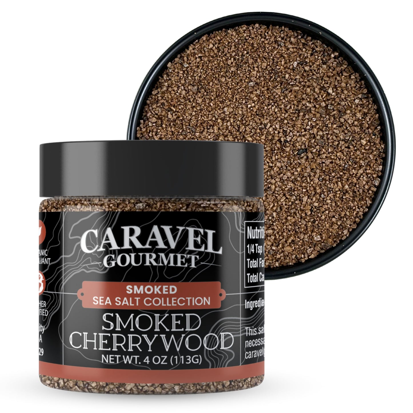 Smoked Cherrywood Fine Sea Salt - All-Natural Sea Salt Slowly Smoked for Perfect Smoky Flavor - No Gluten, No MSG, Non-GMO, Kosher - Cooking or Finishing Salt - 4 oz Jar - Caravel Gourmet