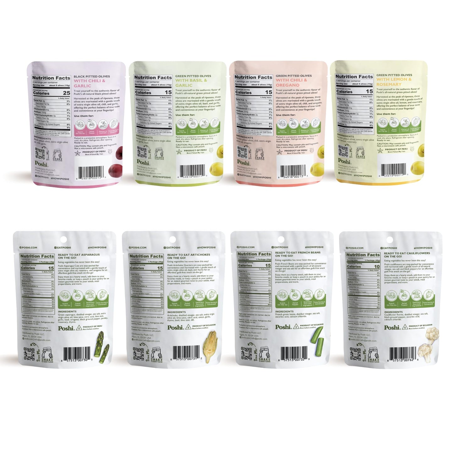 Poshi Olives + Veggies | Whole Pitted Olives 4 Flavor Variety | Poshi 4 Flavor Variety | Vegan, Kosher, Gluten Free + Keto Friendly Healthy Snacks (24 Pack)