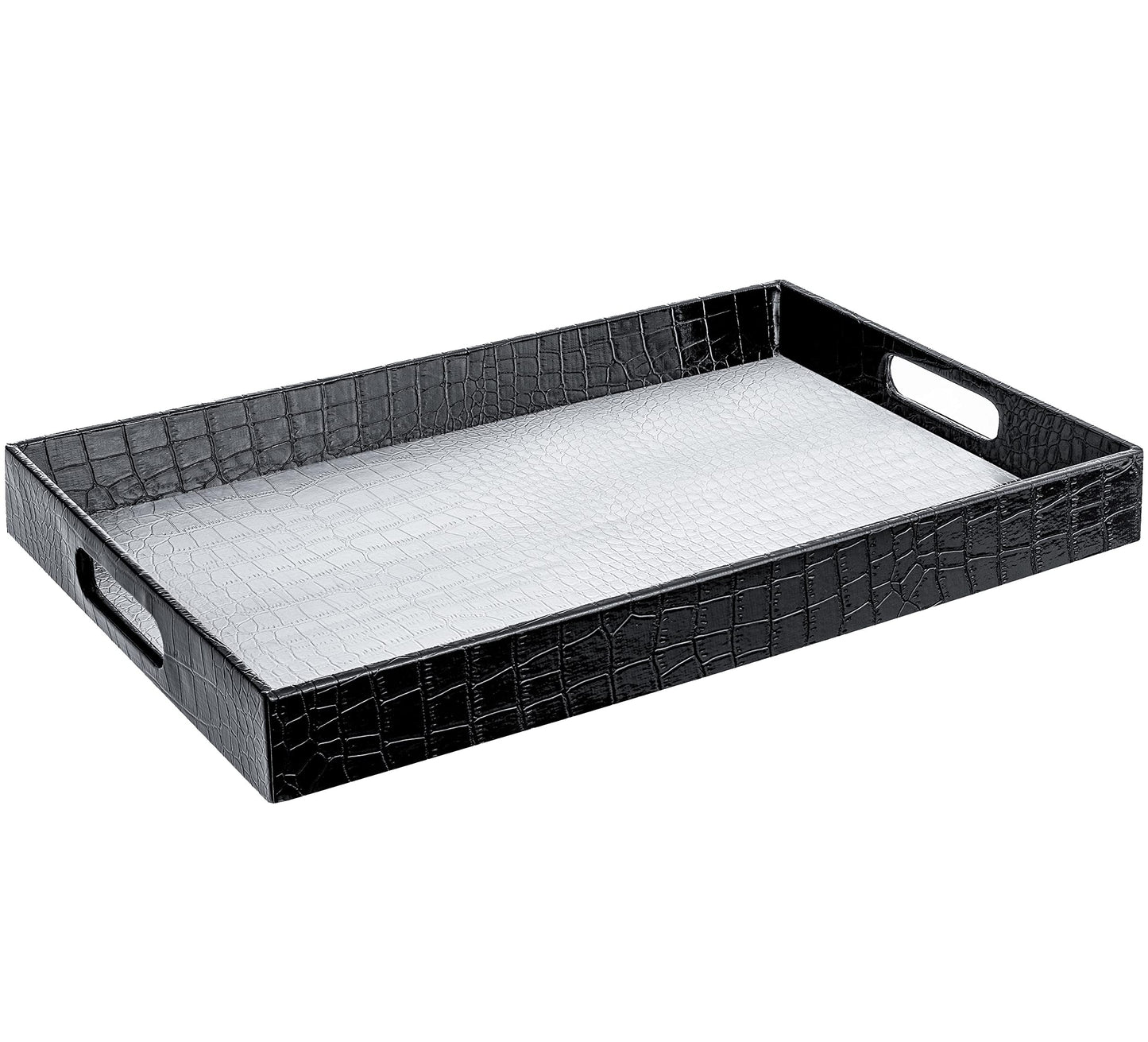 Home Redefined 18"x12" Silver & Black Glossy Crocodile Faux Leather Serving Tray Beautiful Modern Elegant Decorative Tray with Handles Ottoman Coffee Table Tray for All Occasion's