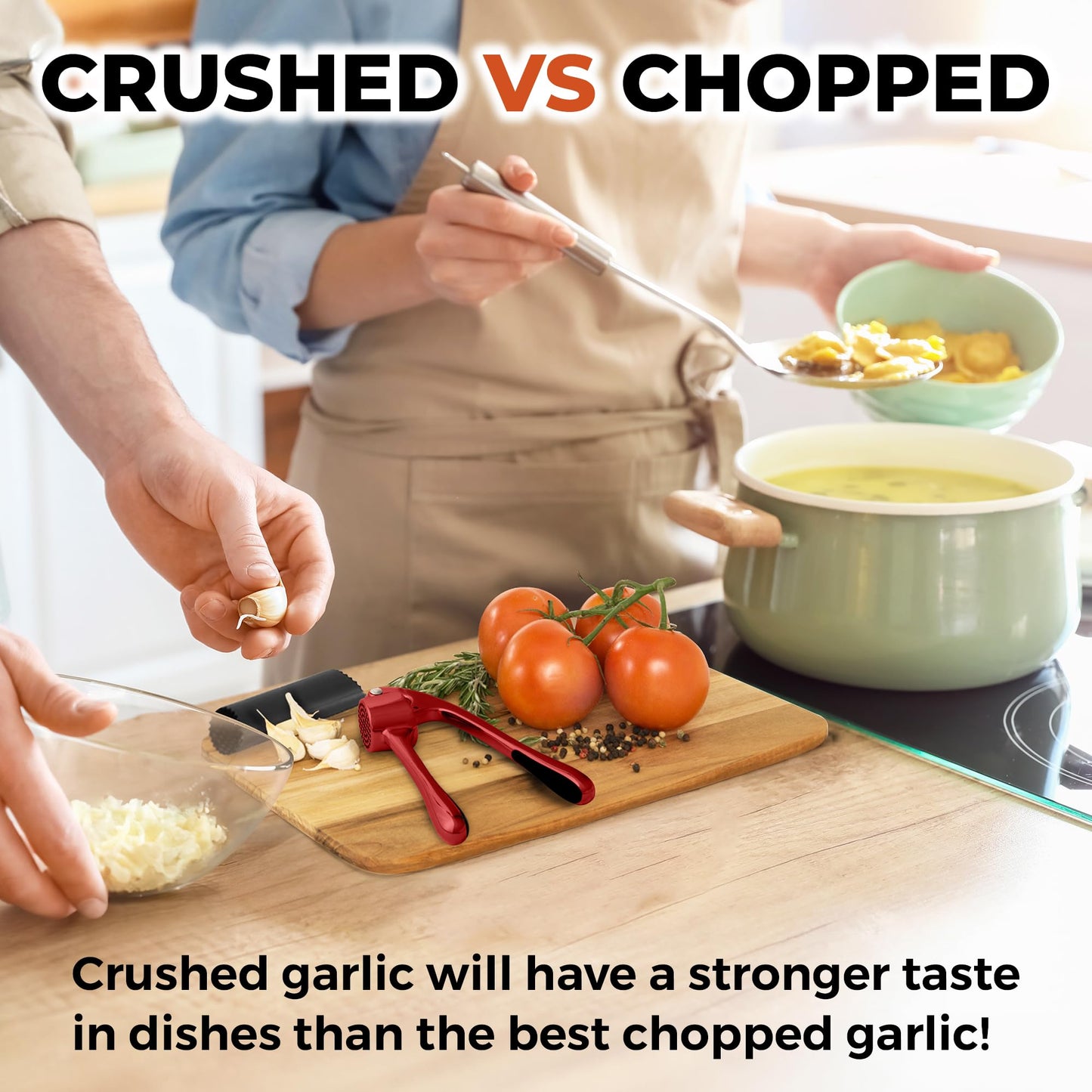 Zulay Kitchen Large Premium Garlic Press Set - Bigger Bowl for Bigger Garlic - Rust Proof and Dishwasher Safe Garlic Mincer Tool - Easy-Squeeze, Easy-Clean Silicone Garlic Peeler and Brush (Red)