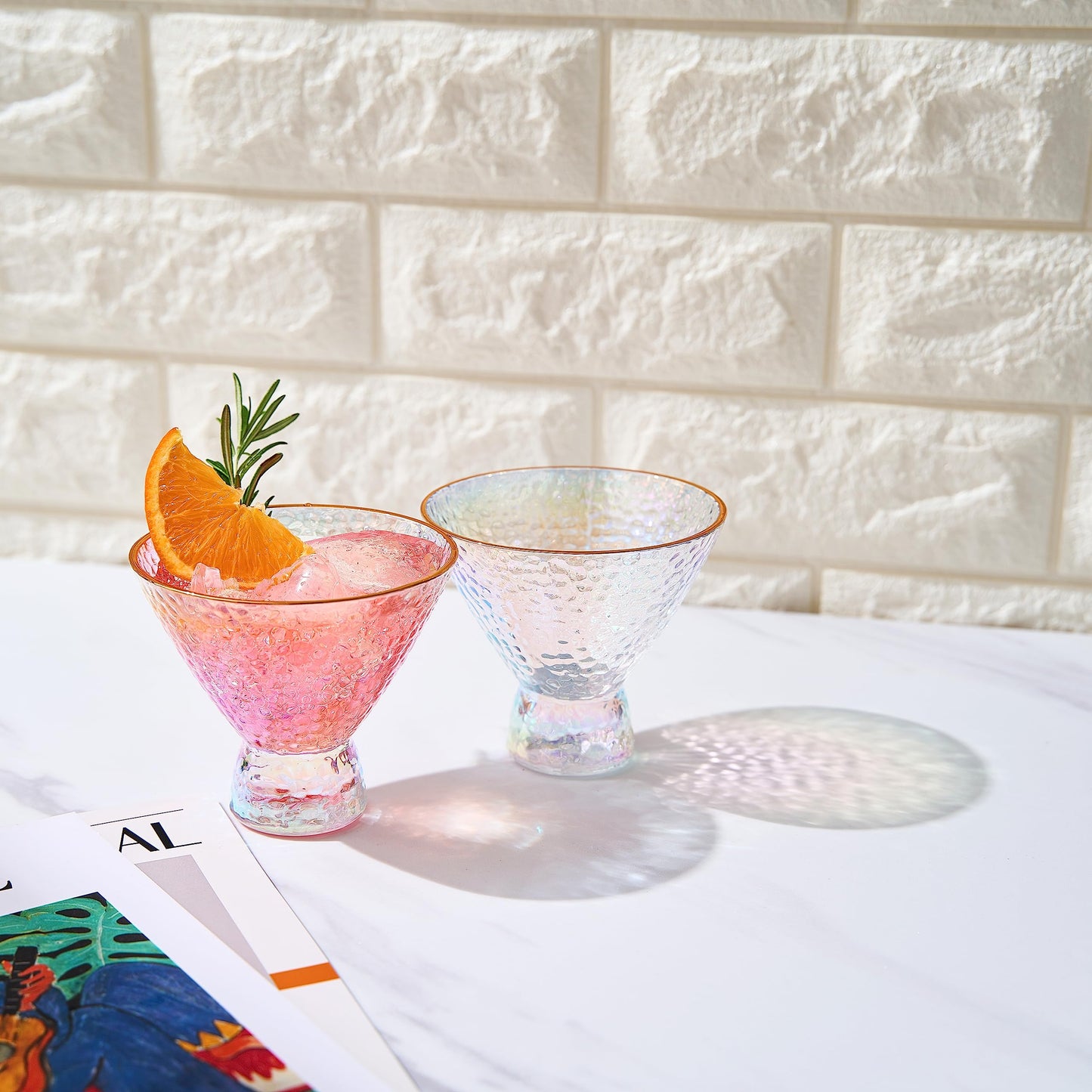 Iridescent Lustered Stemless Martini Glasses Set of 2 - Hammered Cocktail & Martini Glasses - Luxury Gift Box - Gold Rim 8oz Colorful Stemless Glassware - Weddings , Anniversary , Christmas , Barware
