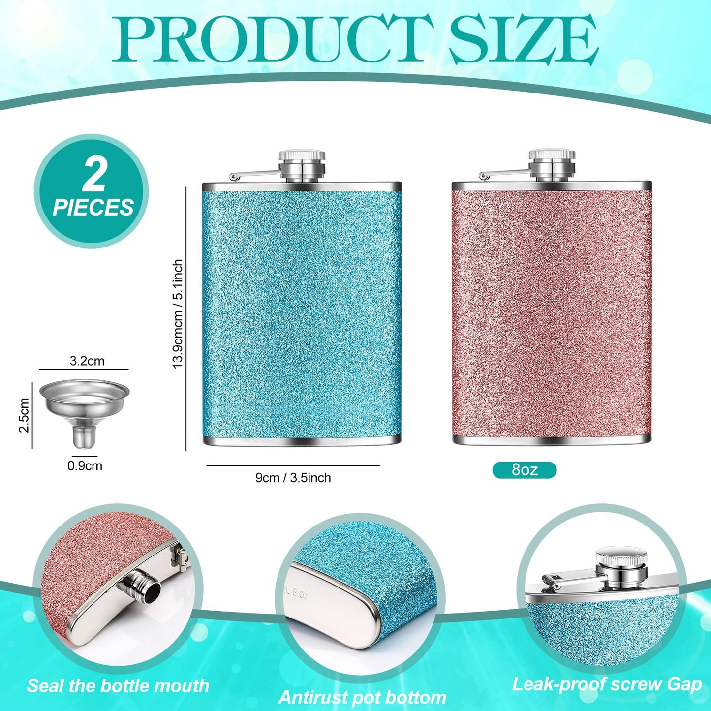 Meanplan 2 Pack 8 oz Glitter Bling Flask for Liquor for Women Cute Flask with Funnel Leakproof Stainless Steel Flask Whiskey Pocket Flask for Christmas Alcohol Drink Wine Wedding Party