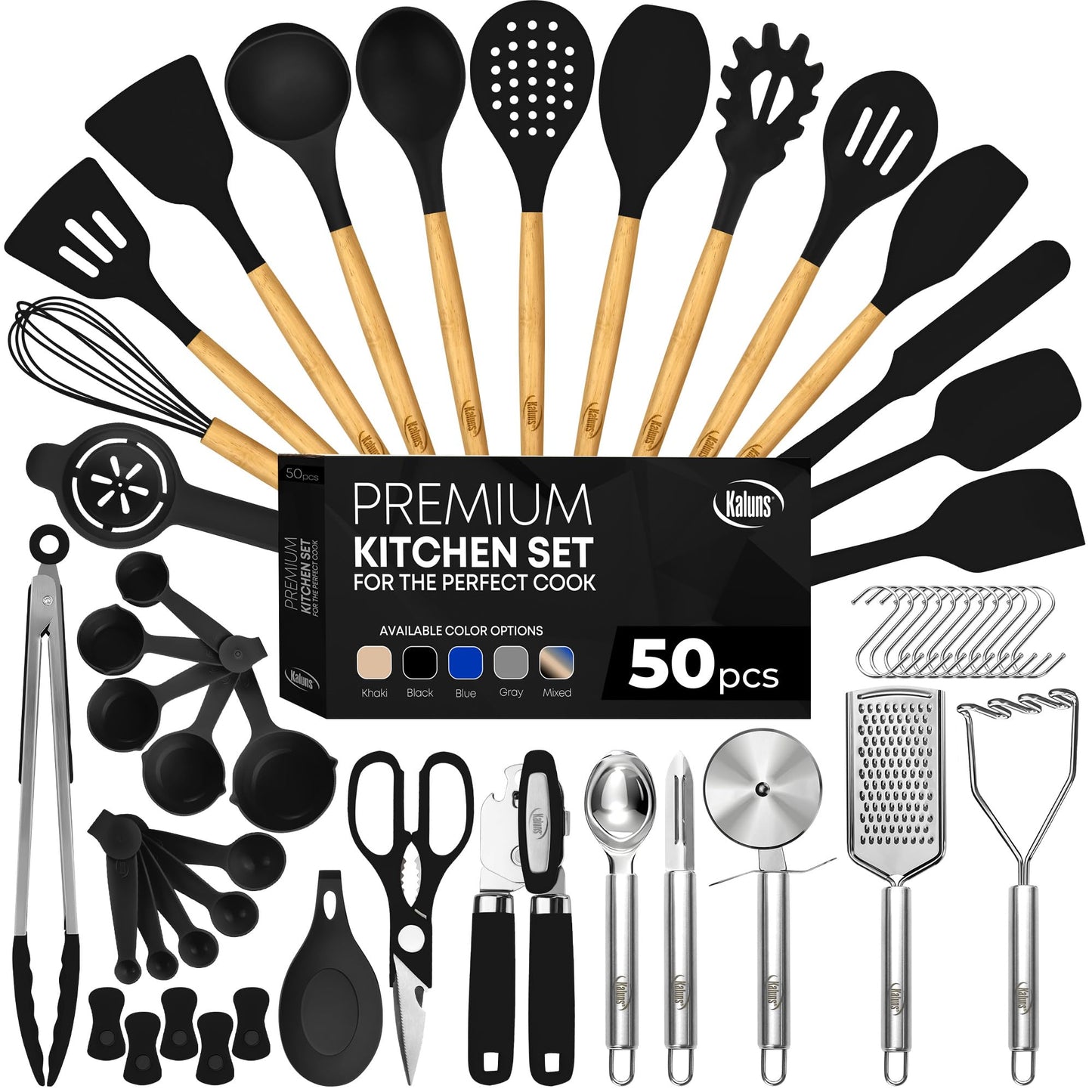 Black 50-Piece Silicone Kitchen Utensils Set - Mothers's Day Gifts for Mom Wife Complete Kitchen Set 800°F Heat-Resistant Non-Stick Premium Silicone Cooking Utensils W Wooden Handles Gifts For Mothers