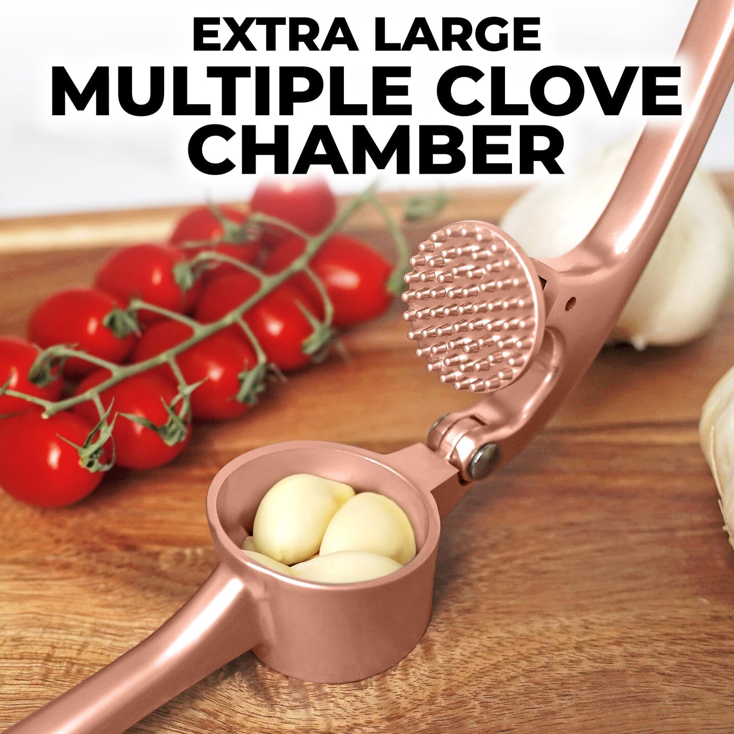 Zulay Kitchen Large Premium Garlic Press Set - Bigger Bowl for Bigger Garlic - Rust Proof and Dishwasher Safe Garlic Mincer Tool - Easy-Squeeze, Easy-Clean Silicone Garlic Peeler and Brush (Rose Gold)