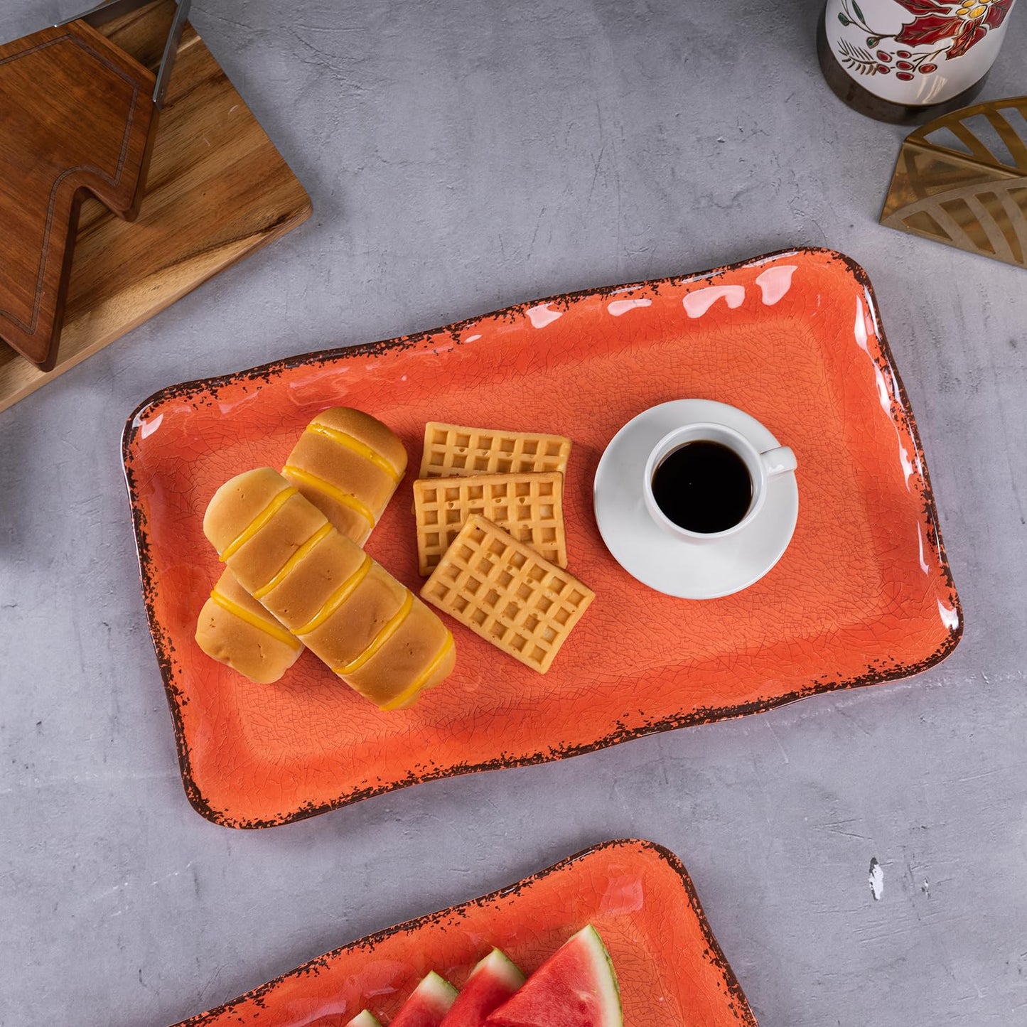 Tangerine Melamine Serving Tray/Platters Set of 2, 17.5" x 10", 2-Piece Large Rectangular Melamine Platter Set for Serving Food, Orange