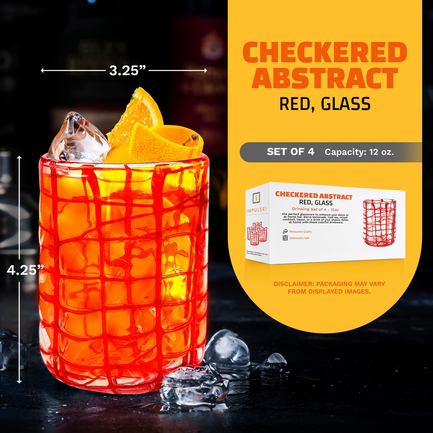 IMPULSE! Checkered Abstract Red Drinking Glasses Set of 4 - Classic Old Fashioned, Negroni, Scotch, Mixed Cocktails - Versatile for Soft Drinks - Dishwasher Safe - Drinkware Glasses Set