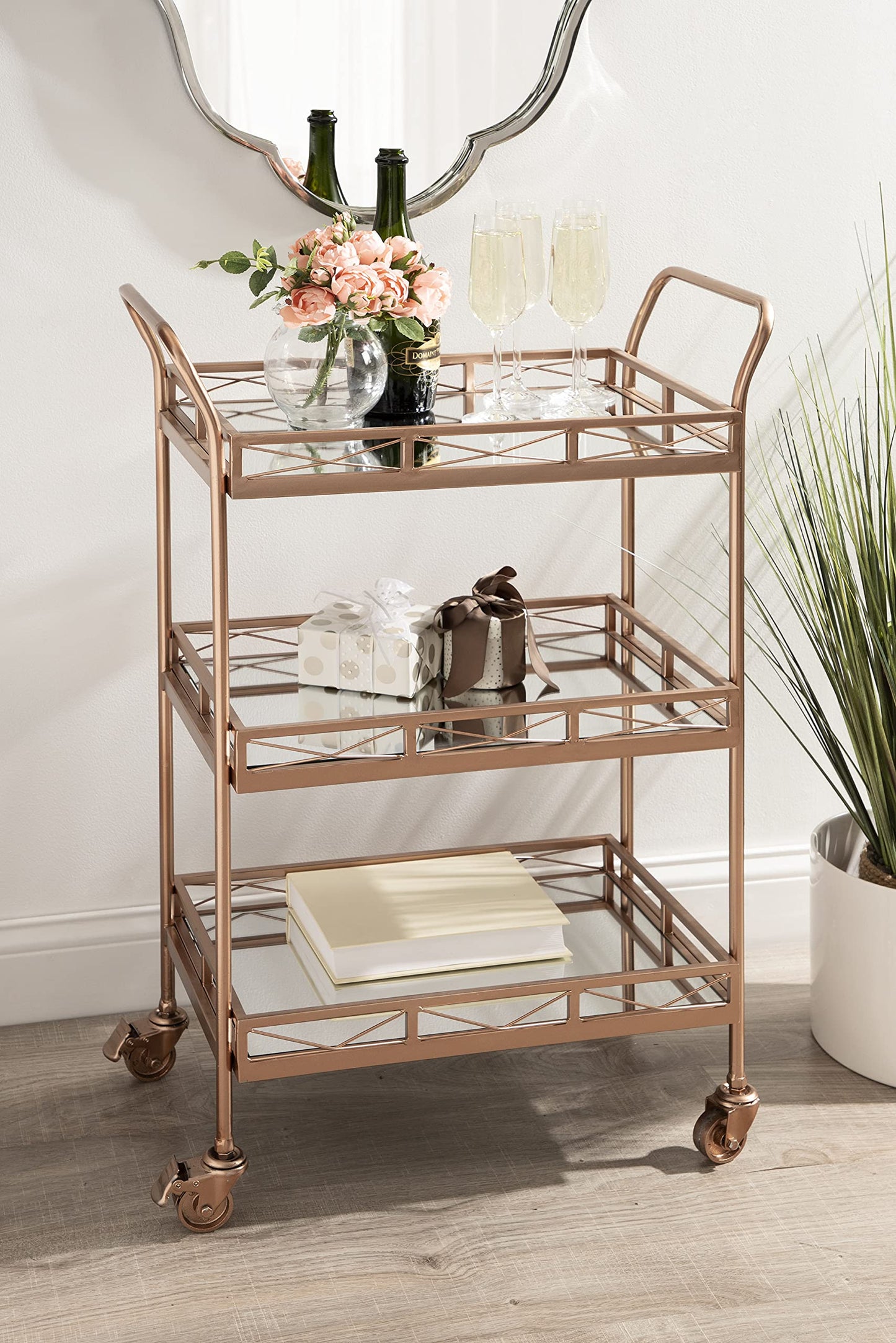 Kate and Laurel Ketia Glam Metal Bar Cart, 23 x 13 x 34, Rose Gold, Glamorous Three Tier Gold Bar Cart for Display and Storage